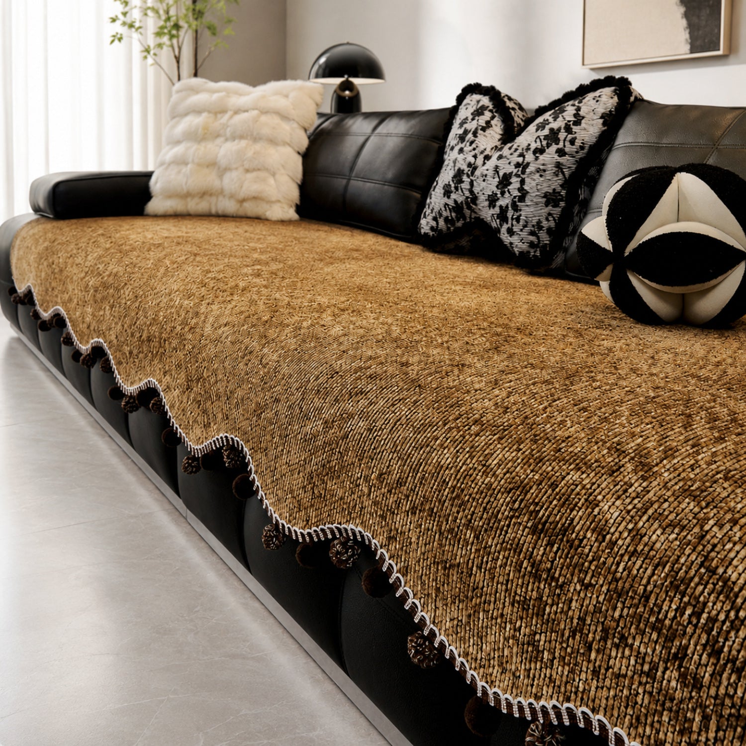 Pom-Pom Chenille Sofa Protector | Non-Slip Machine-Washable Cover