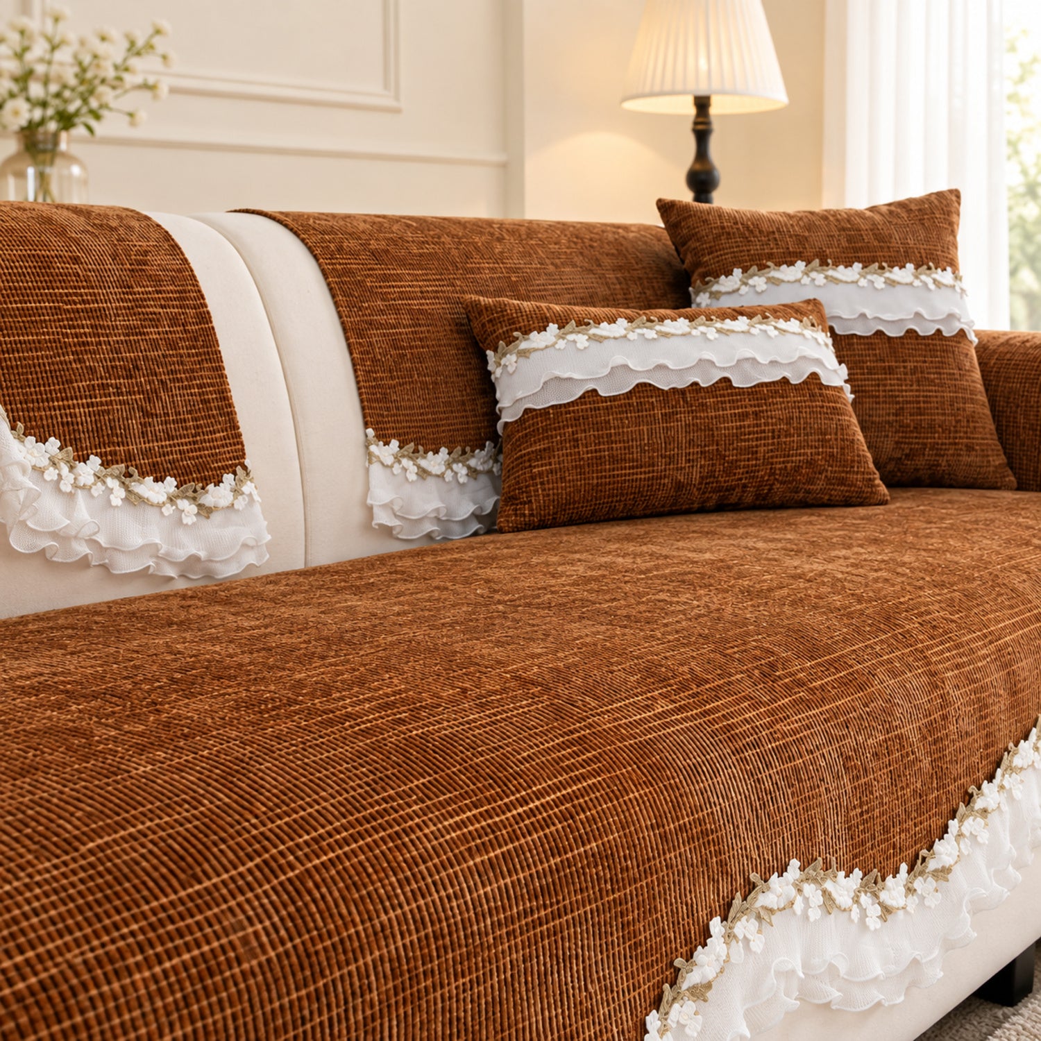 Ruffle Charm Chenille Sofa Cover | Non-Slip & Machine Washable