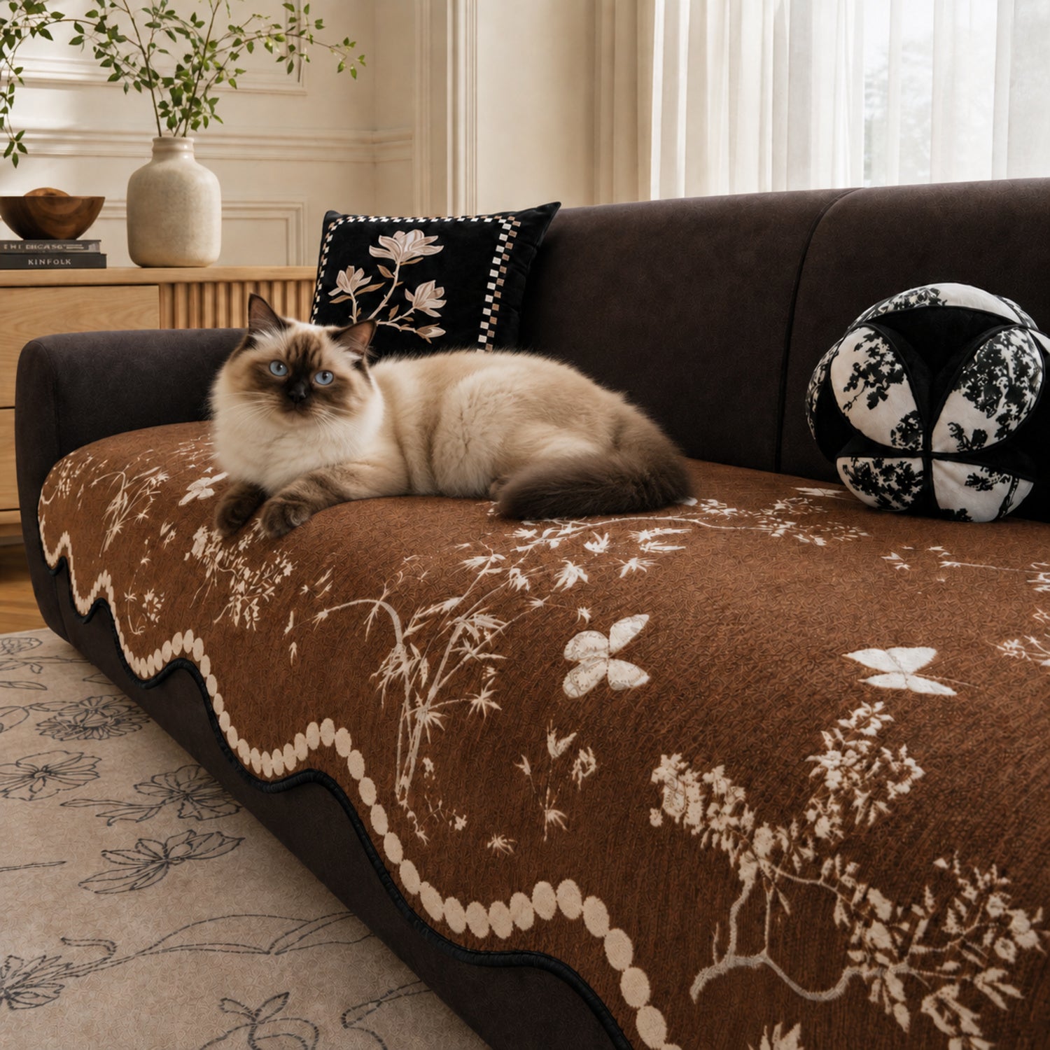 Botanical Butterfly Chenille Sofa Cover | Non-Slip All-Season Washable