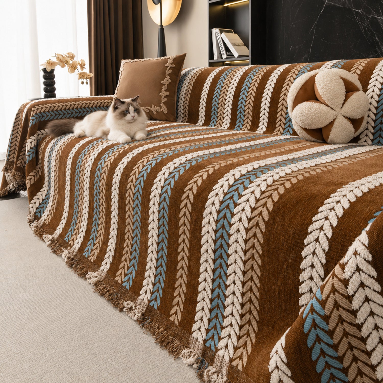 Leaf Pattern Chenille Sofa Cover | One-Piece Throw | Pet Fur & Dust Protection | Machine Washable | Woofing Deals