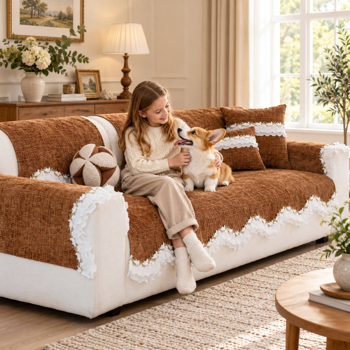 Ruffle Charm Chenille Sofa Cover | Non-Slip & Machine Washable