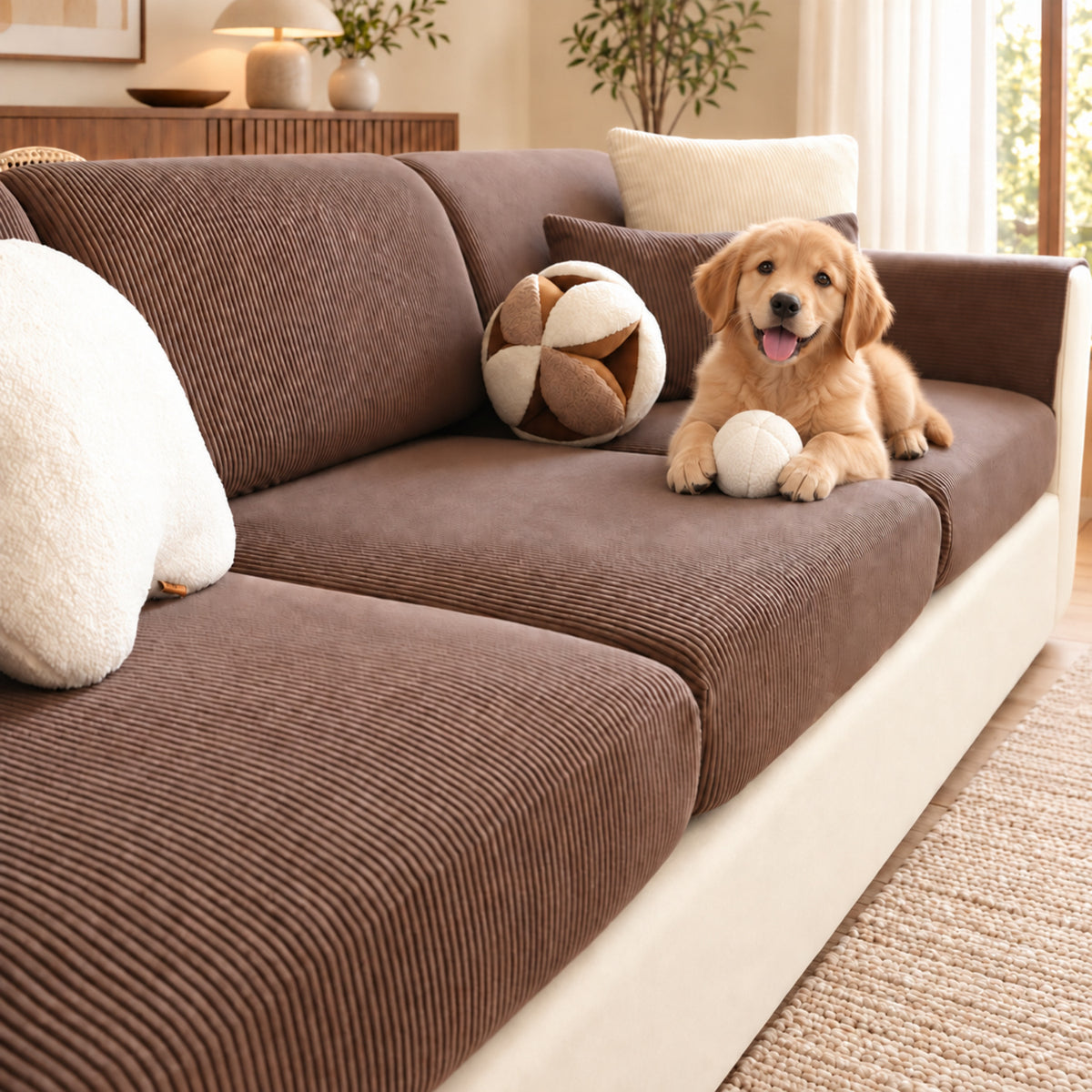 Striped Corduroy Stretch Sofa Cushion Covers | Scratch-Resistant Washable Sofa Protector