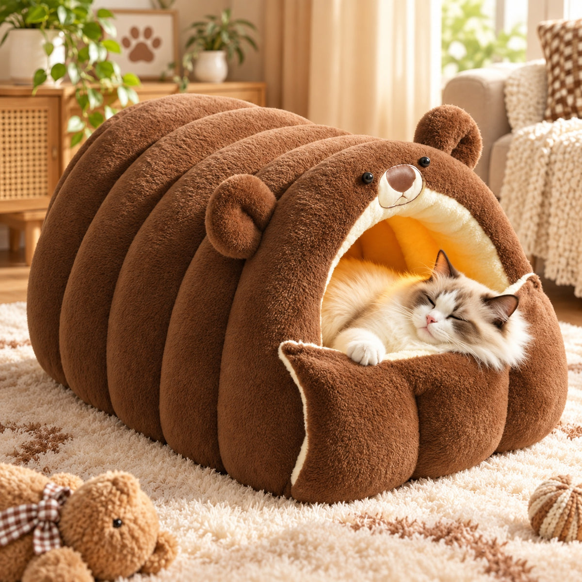 Cat Bed | Snuggle Buddies Plush Cave | Support Rods & Fold-Down Front