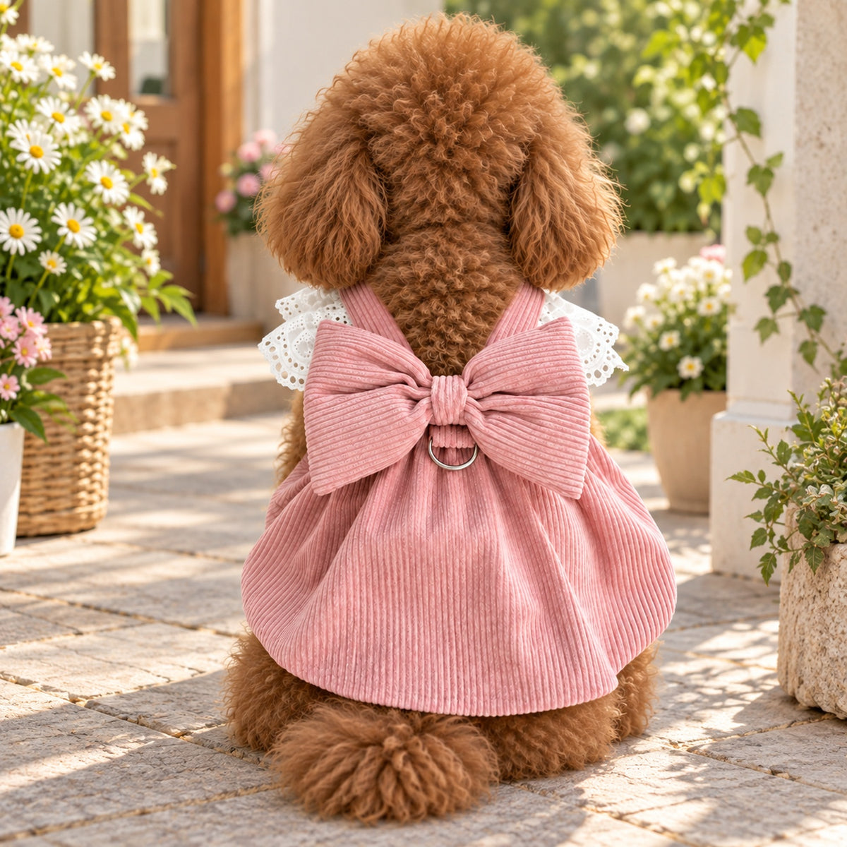 Belle Bow Dog Dress | Corduroy with Lace Trim & Lead Attachment Ring