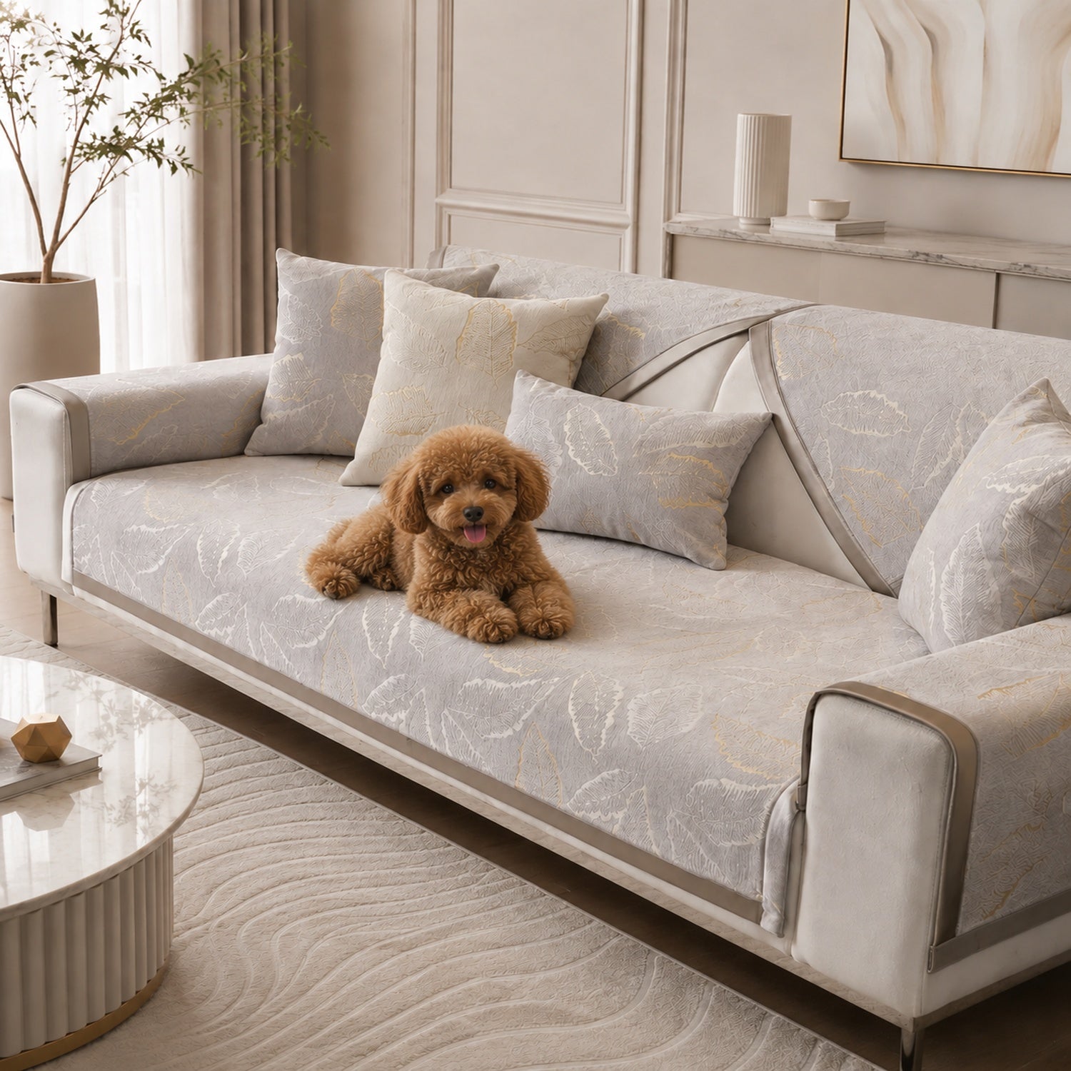 Gilded Leaf Sofa Protector | Chenille Jacquard Non-Slip Washable Cover