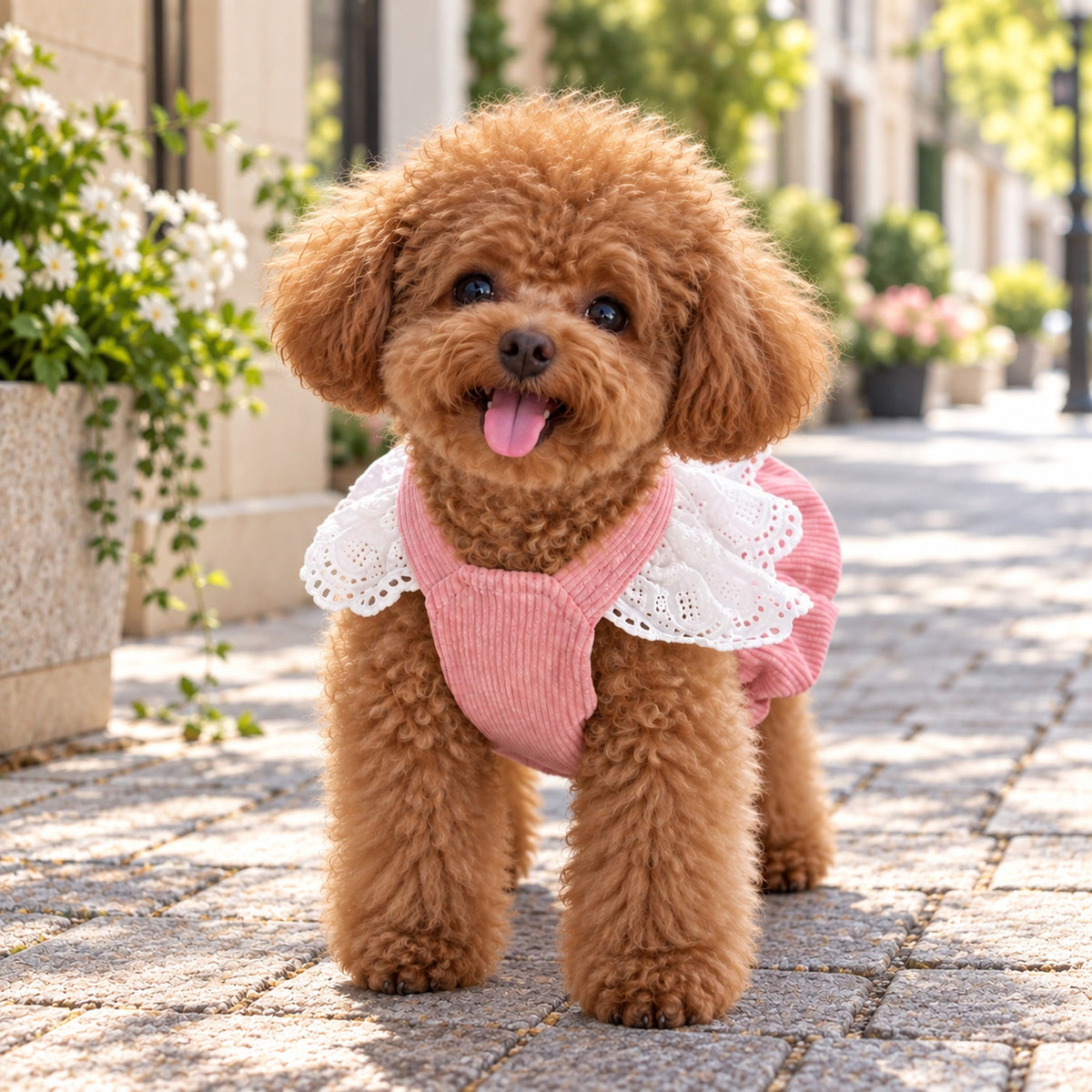 Belle Bow Dog Dress | Corduroy with Lace Trim & Lead Attachment Ring