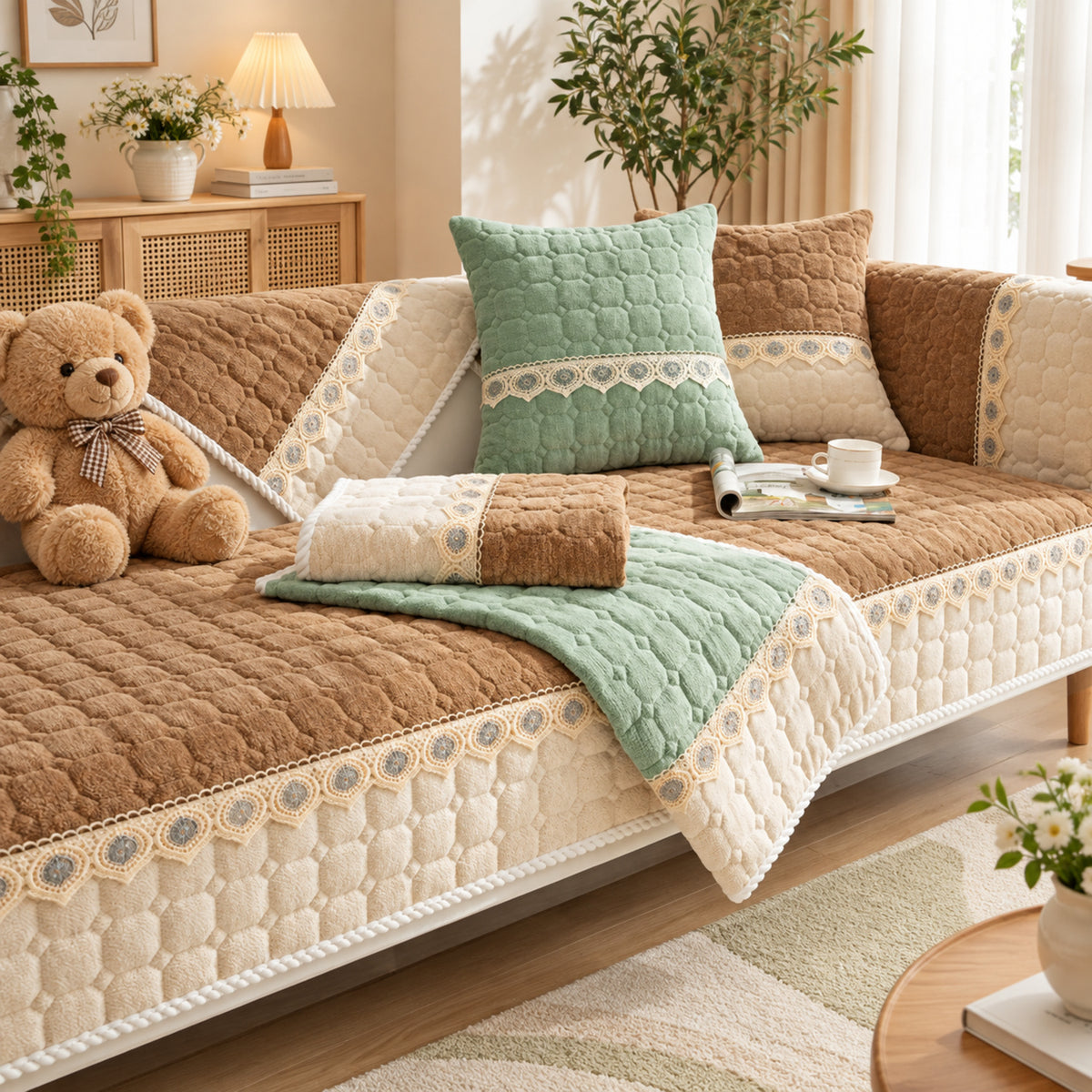 Honeycomb Sofa Cover | Quilted Corduroy | Non-Slip Washable Sofa Protector