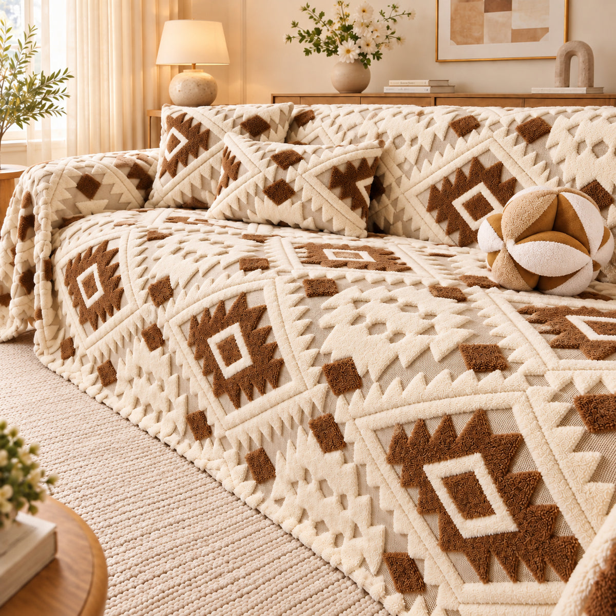 Sofa Cover & Large Sofa Throw | Cotton Velvet | Tufted Mosaic Design | Machine Washable