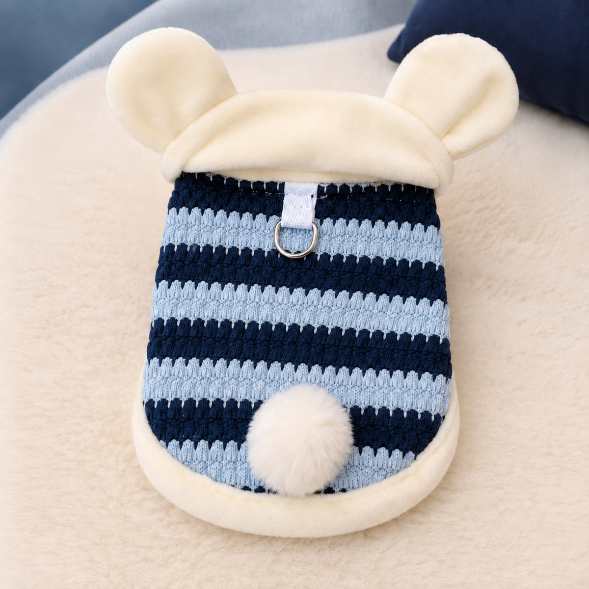 Bunny Hooded Pet Jumper | Fleece-Lined Striped Winter Coat with Lead Ring