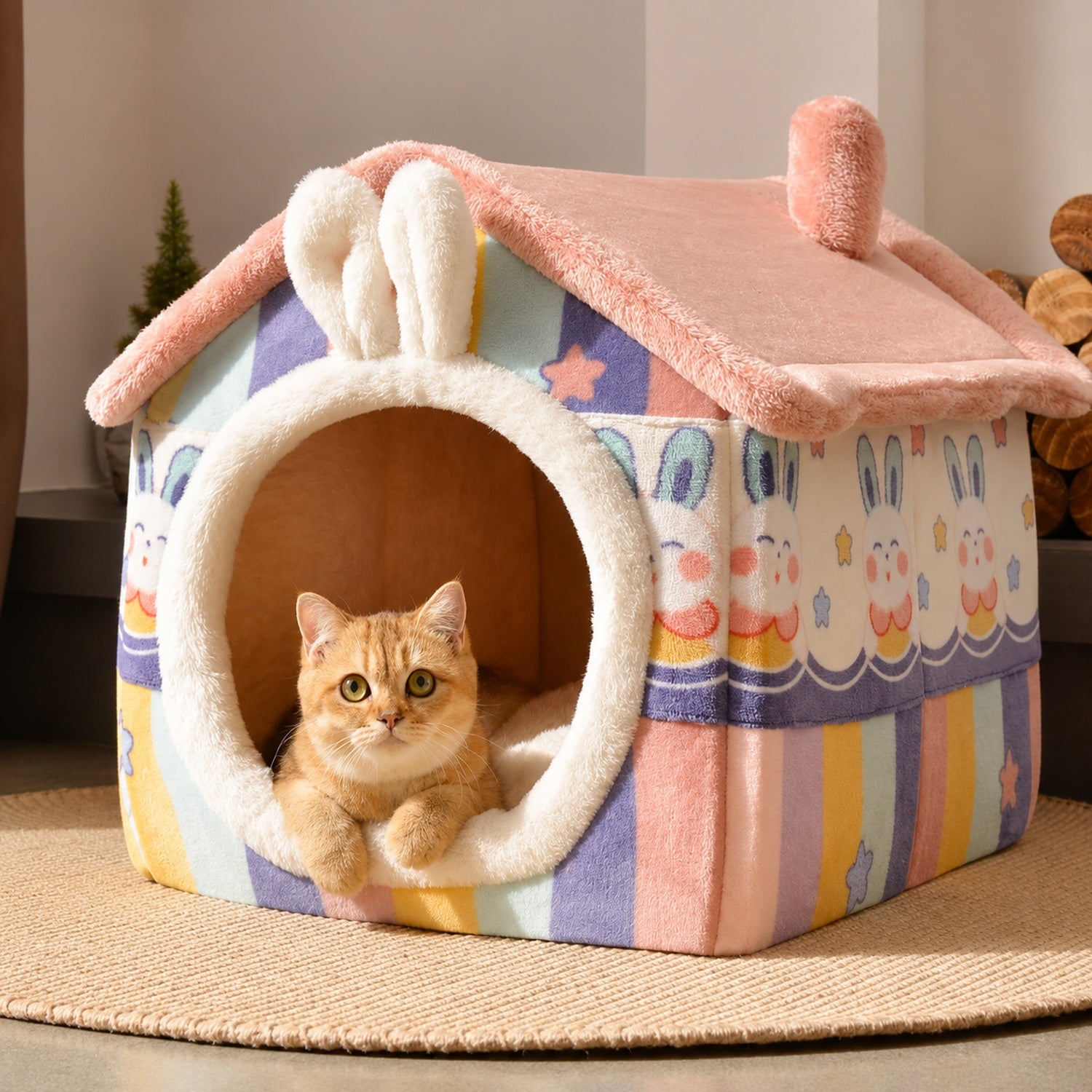 Rainbow Bunny Pet House | Warm Plush Pet Bed | Washable for Small Dogs & Kittens
