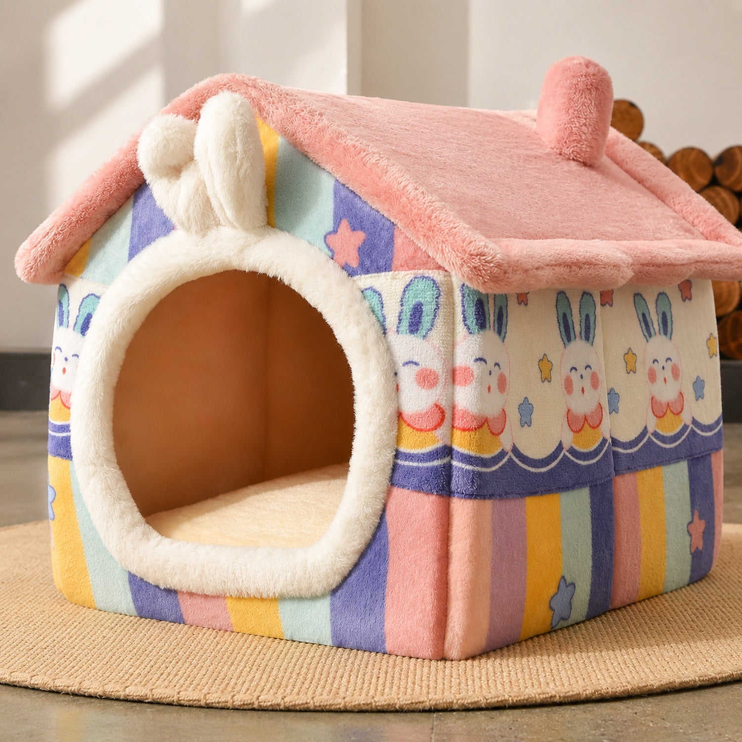 Rainbow Bunny Pet House | Warm Plush Pet Bed | Washable for Small Dogs & Kittens