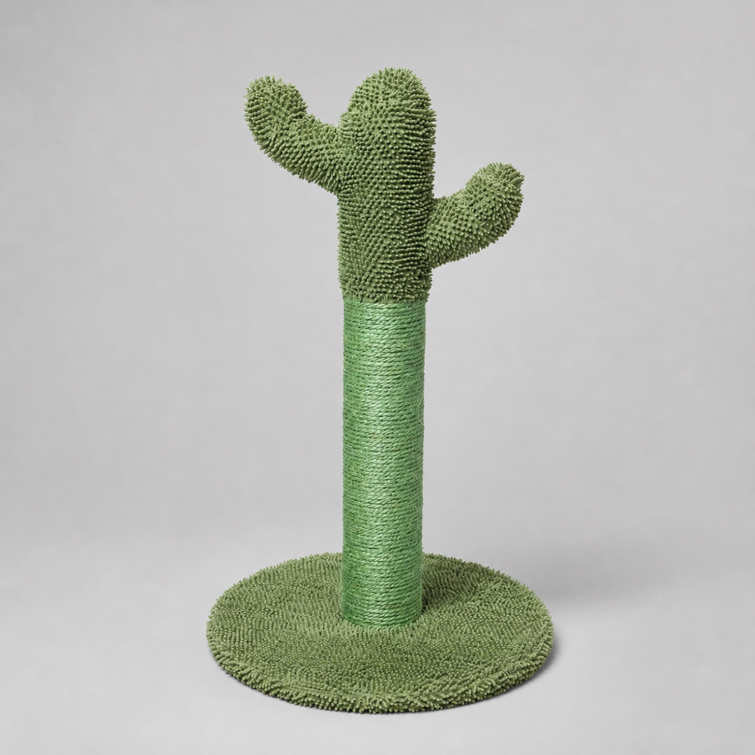 Green cactus cat scratching post on a light gray studio background with natural shadow