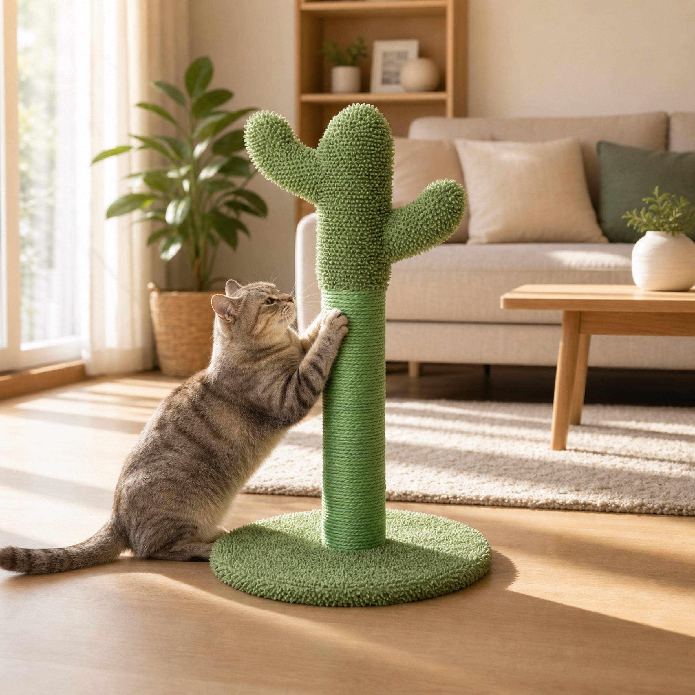 Cat scratching green cactus sisal scratching post in a modern sunlit living room