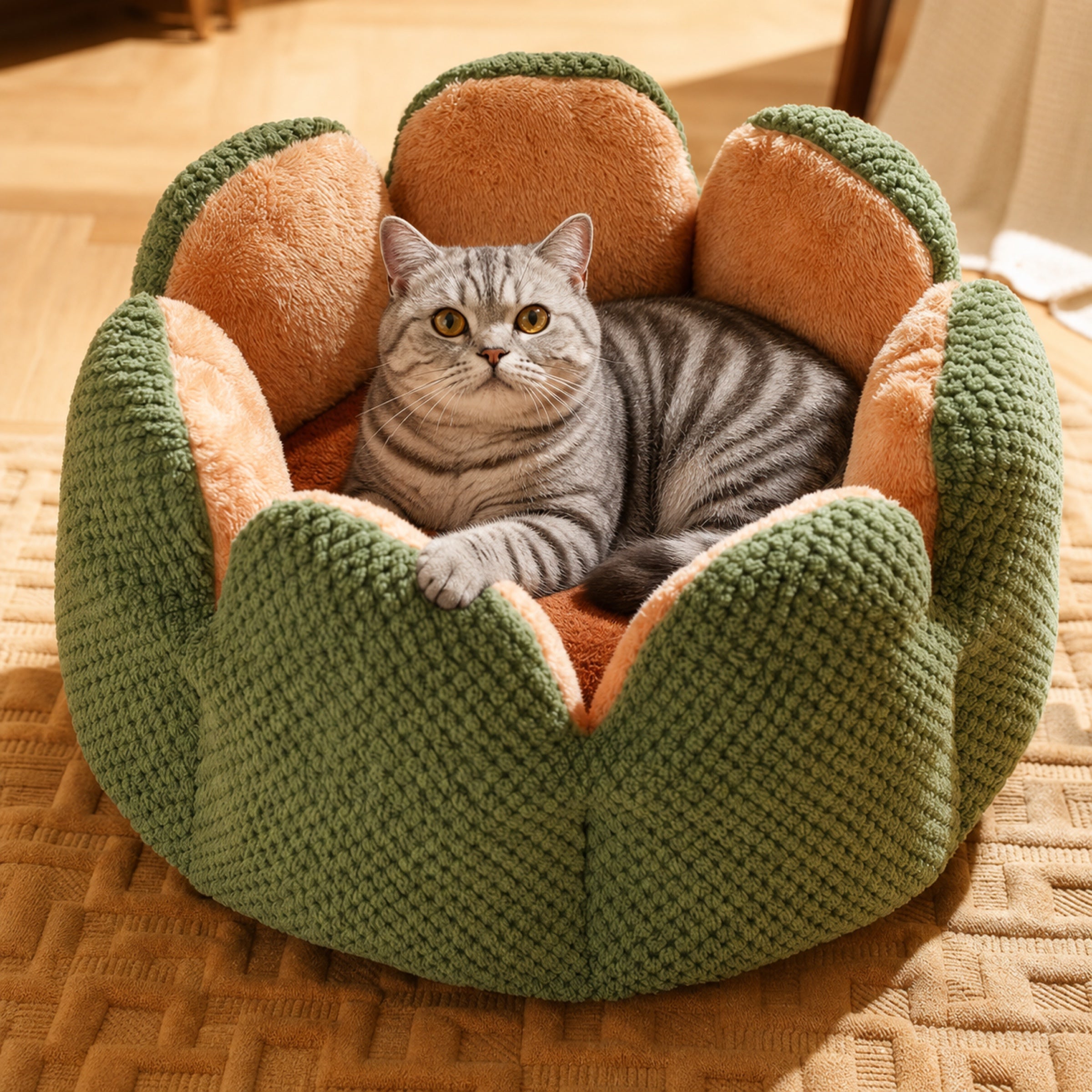 Silver tabby British Shorthair cat lying in a green and coral cactus-shaped pet bed