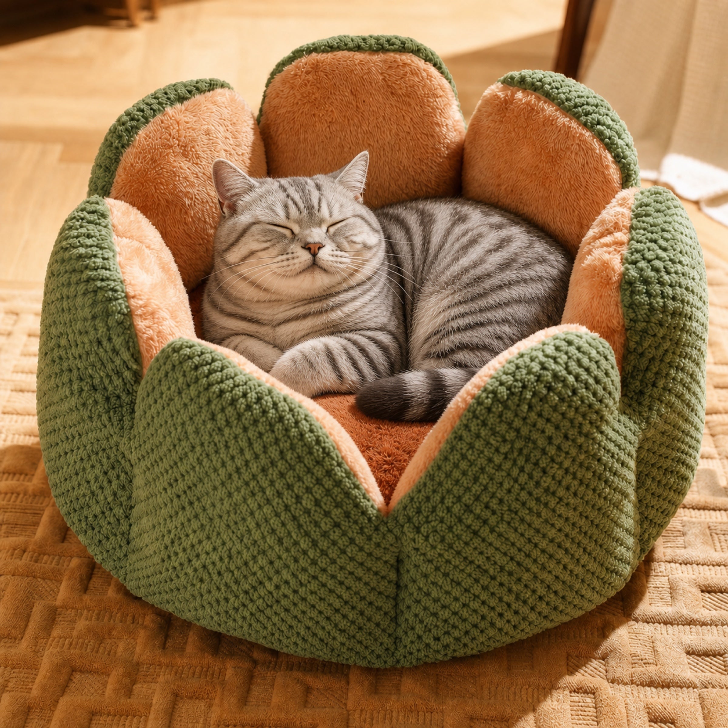 Relaxed silver tabby British Shorthair cat enjoying a soft green and coral cactus-shaped pet bed
