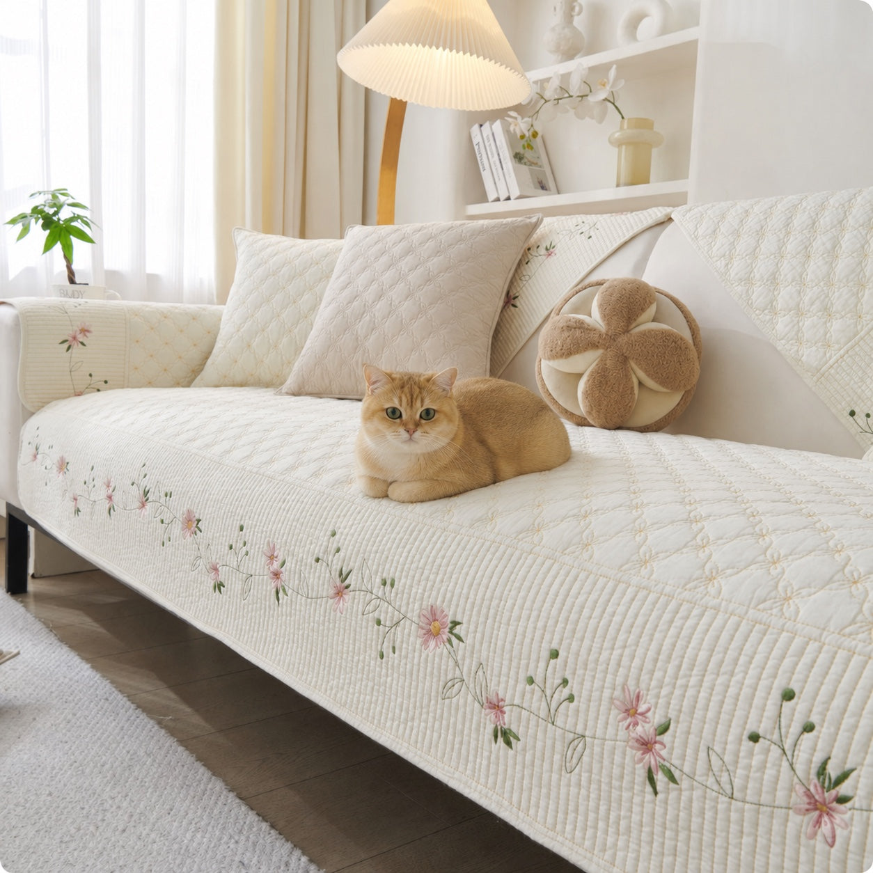Floral Garden Sofa Cover | Embroidered Cotton | Anti-Slip & Washable