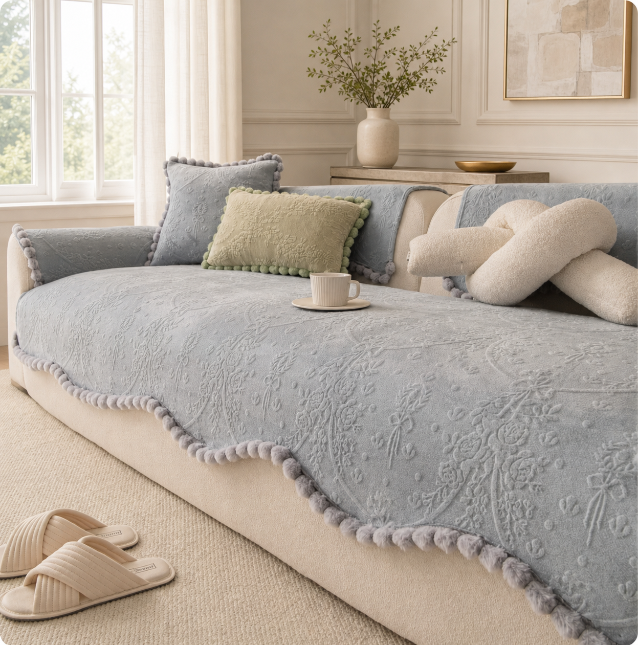 Floral Haven Sofa Cover | Pom-Pom Trim| Anti-Slip & Machine Washable