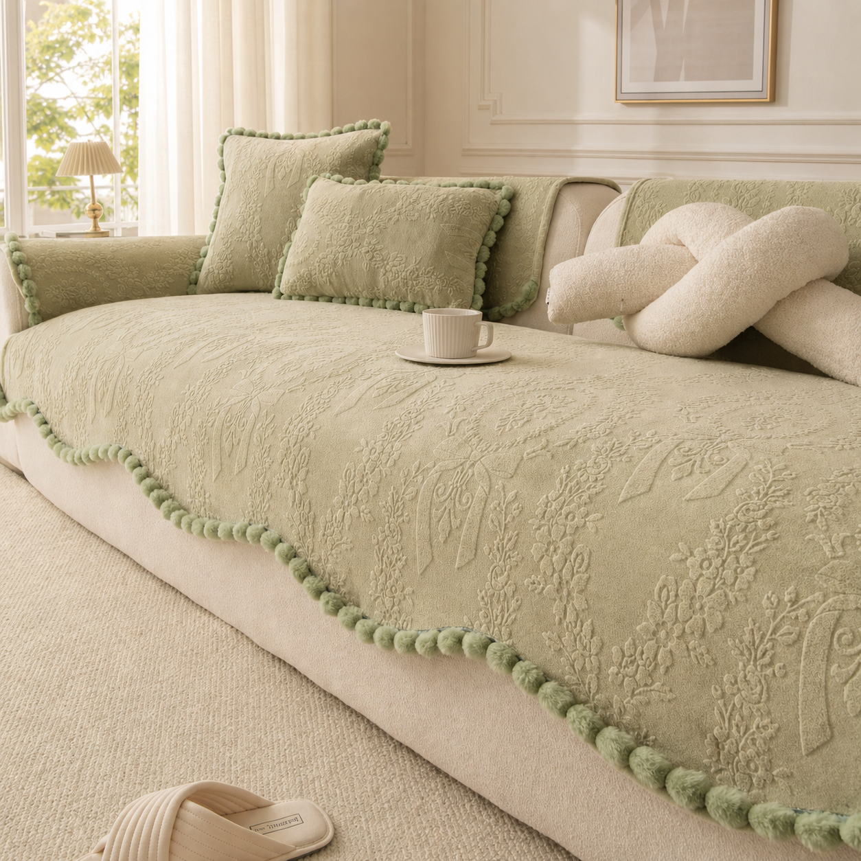 Floral Haven Sofa Cover | Pom-Pom Trim| Anti-Slip & Machine Washable