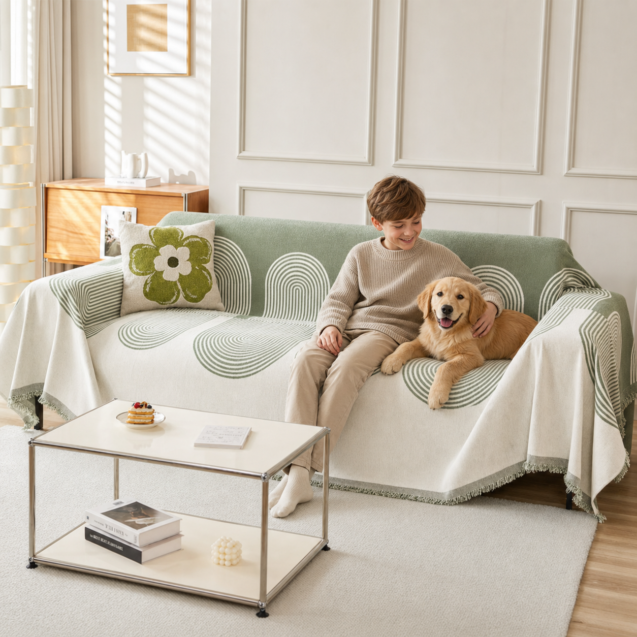 Reversible Geometric Sofa Throw | Soft Chenille Sofa Cover with Fringed Edges