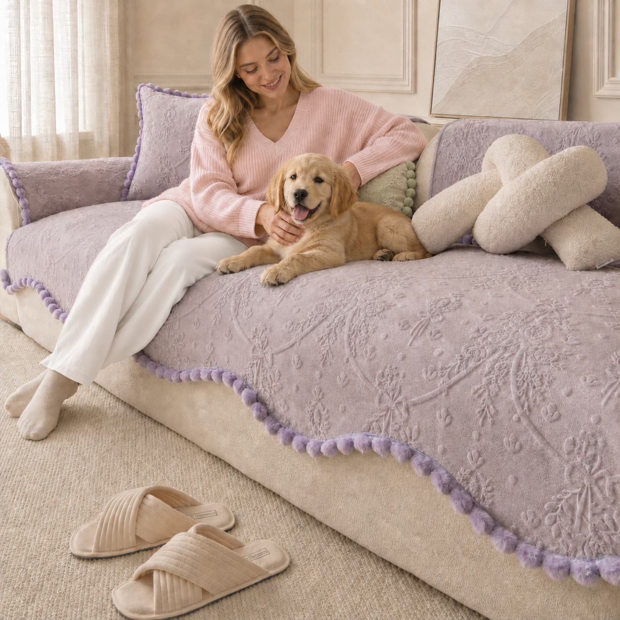 Floral Haven Sofa Cover | Pom-Pom Trim| Anti-Slip & Machine Washable