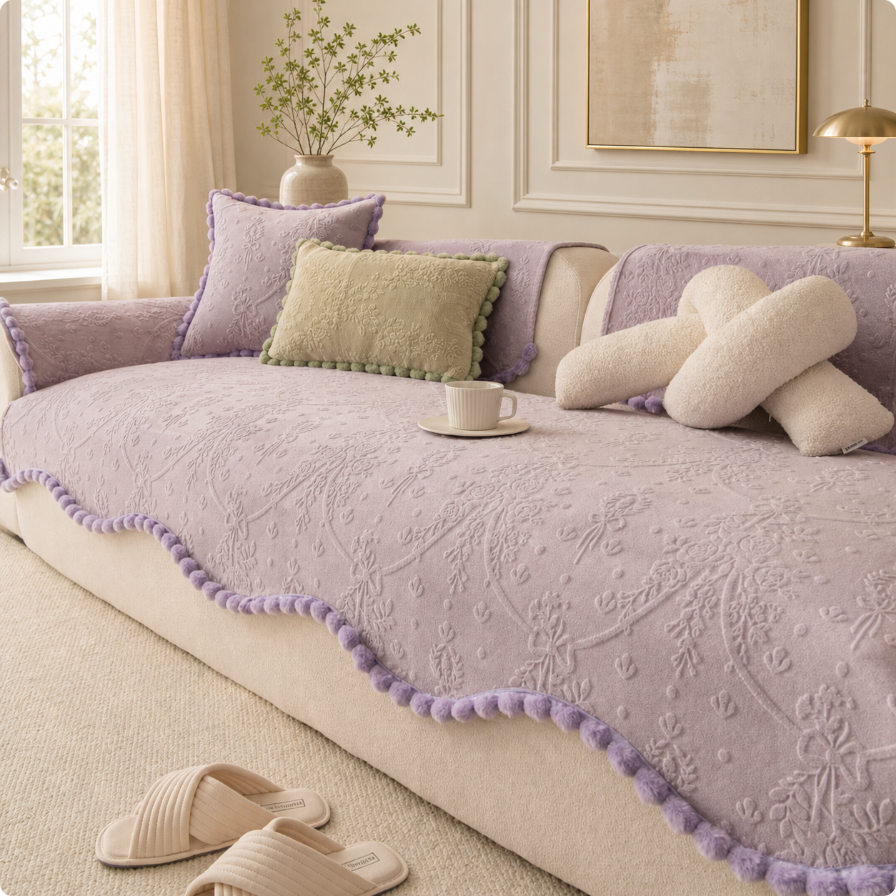 Floral Haven Sofa Cover | Pom-Pom Trim| Anti-Slip & Machine Washable