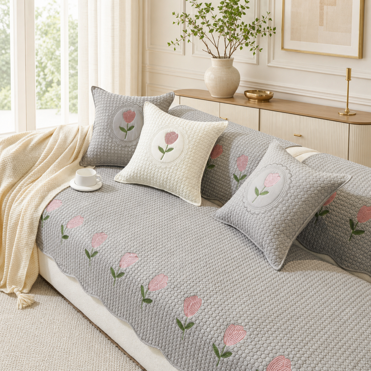 Tulip Cotton Sofa Cover | Thick Breathable Anti-Slip | All-Season Protector