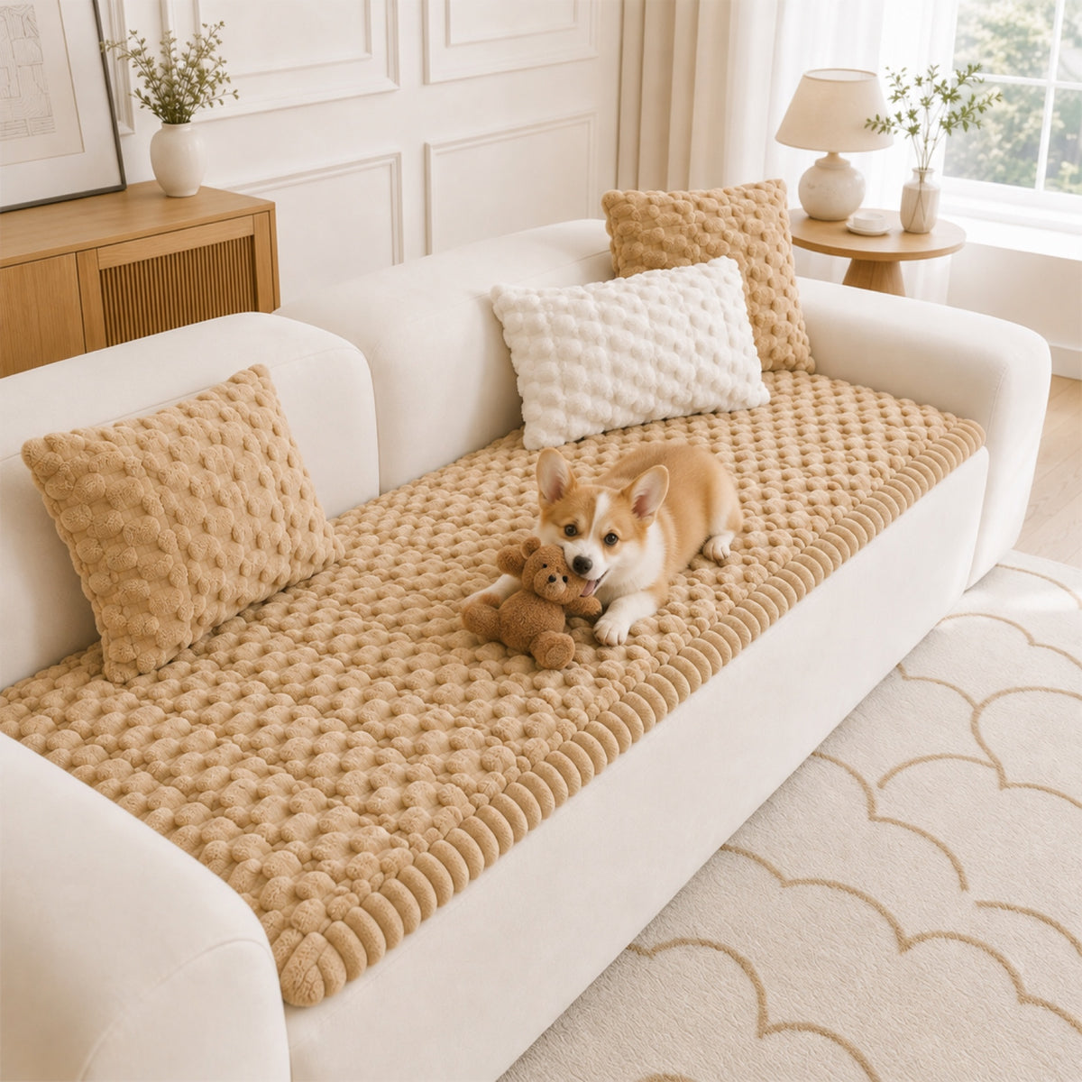 Honeycomb Plush Sofa Protector | Thick Non-Slip Washable Pet-Friendly Cover