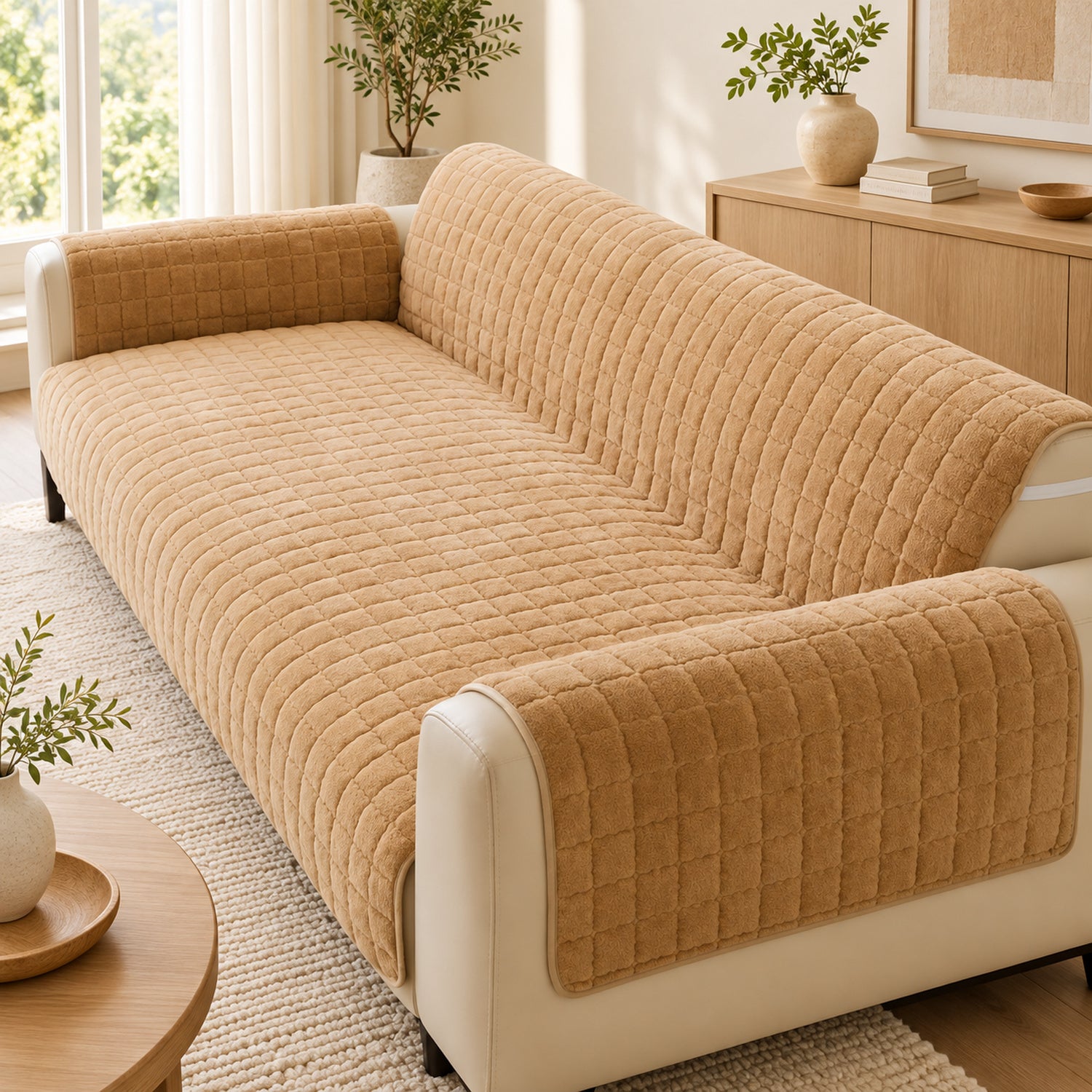 Short Plush Sofa Cover | One-Piece Non-Slip Washable Protector for Pet-Friendly Homes