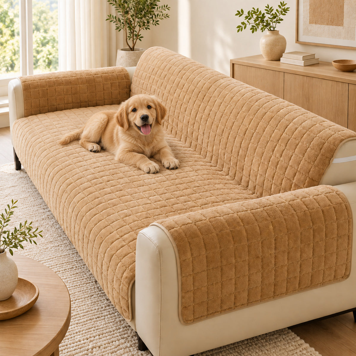 Short Plush Sofa Cover | One-Piece Non-Slip Washable Protector for Pet-Friendly Homes