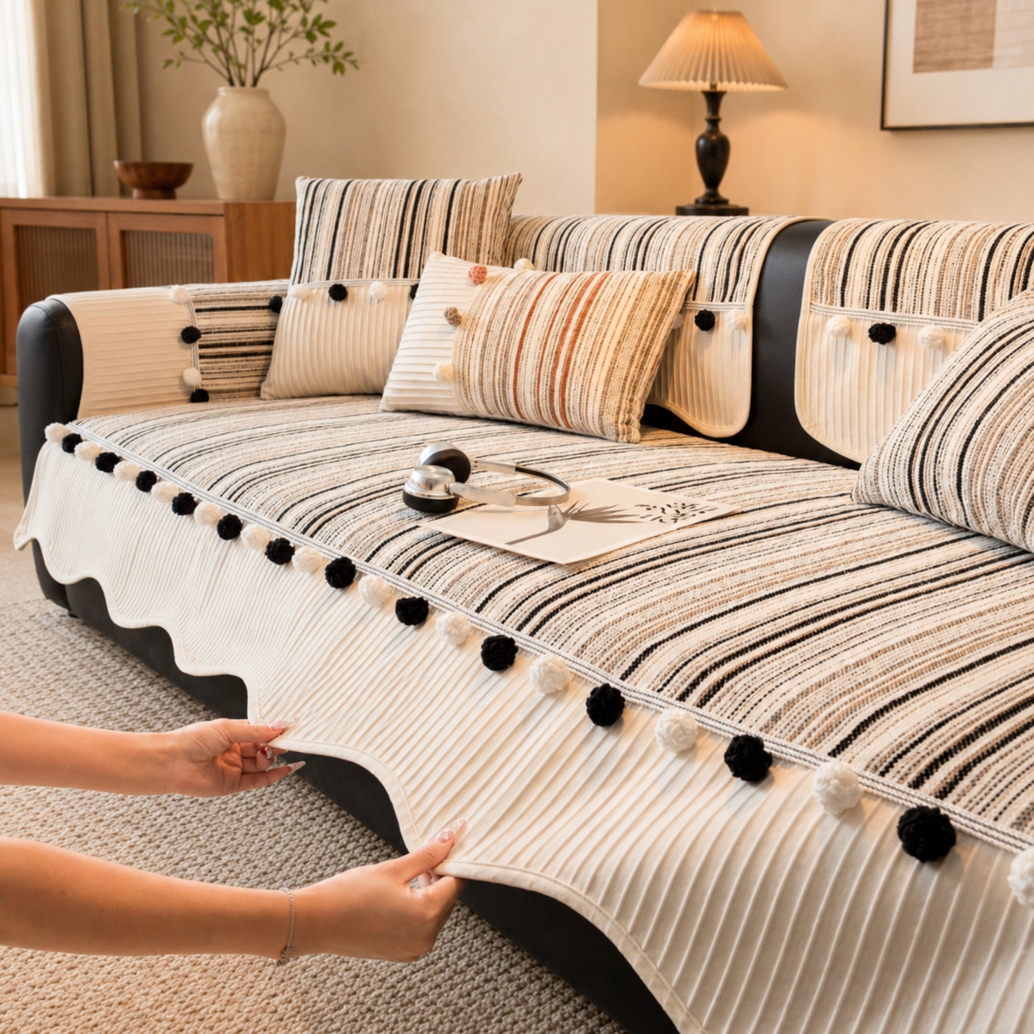 Harvest Bobble Sofa Protector | Striped Chenille | Non-Slip All-Season Cover