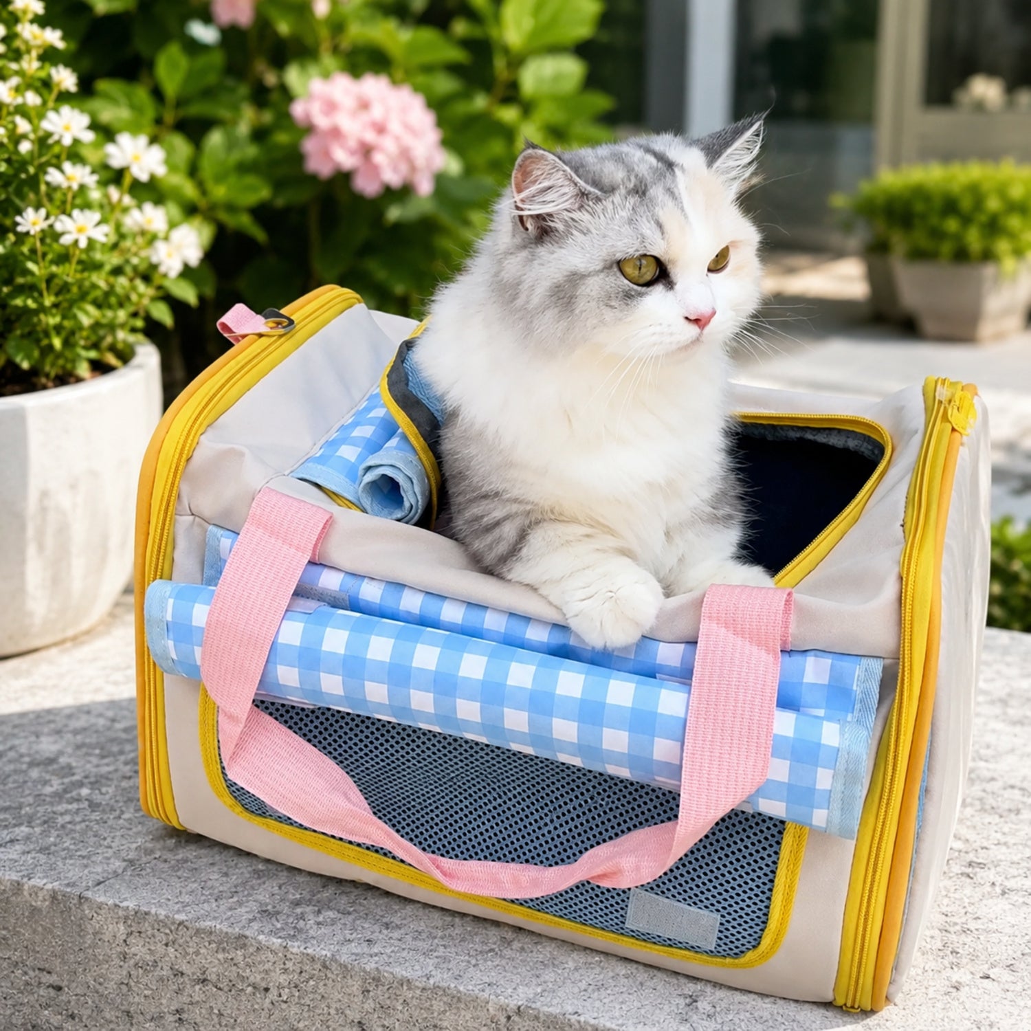 Gingham Cat Carrier Bag | Foldable Travel Carrier with Mesh Panels and Shoulder Strap