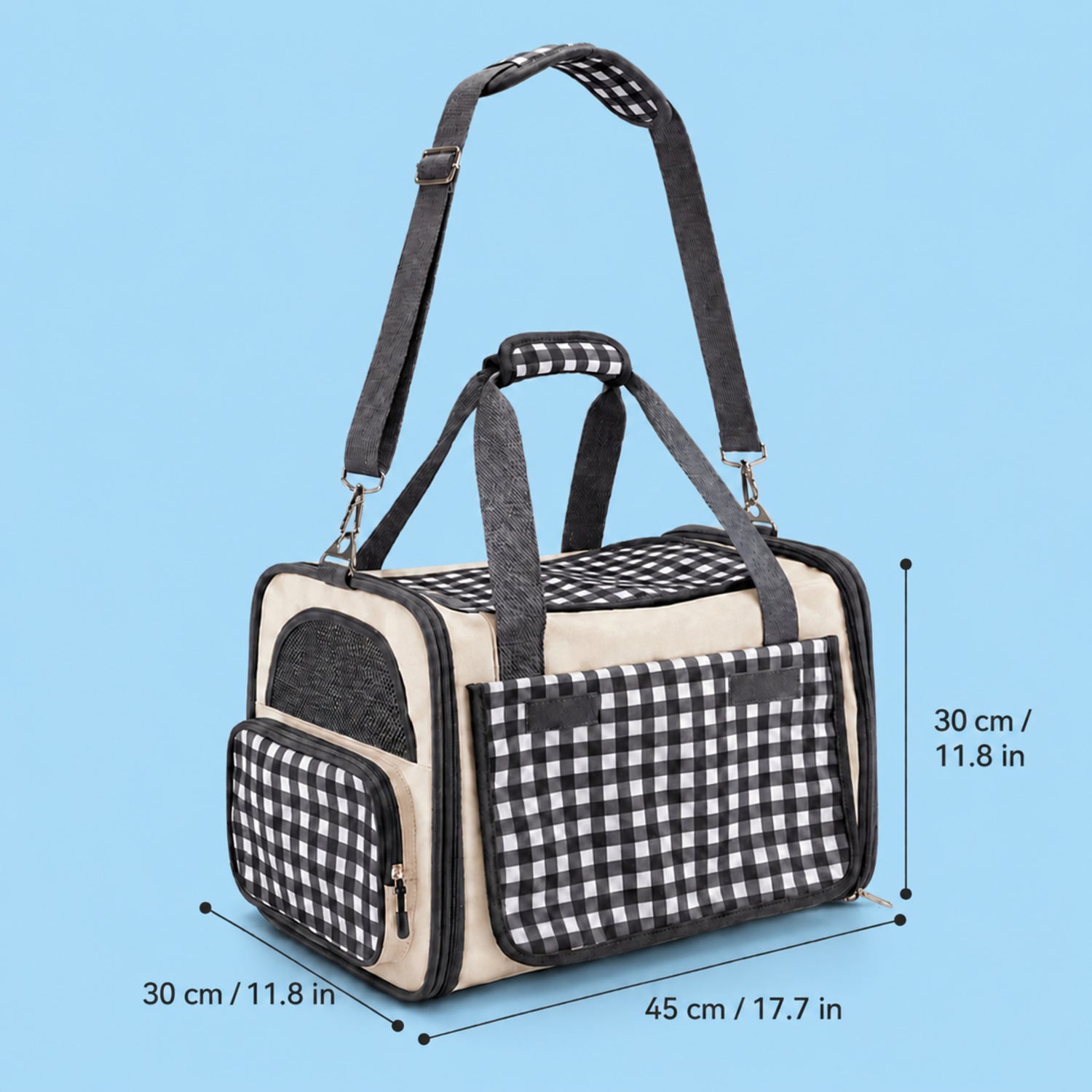Gingham Cat Carrier Bag | Foldable Travel Carrier with Mesh Panels and Shoulder Strap