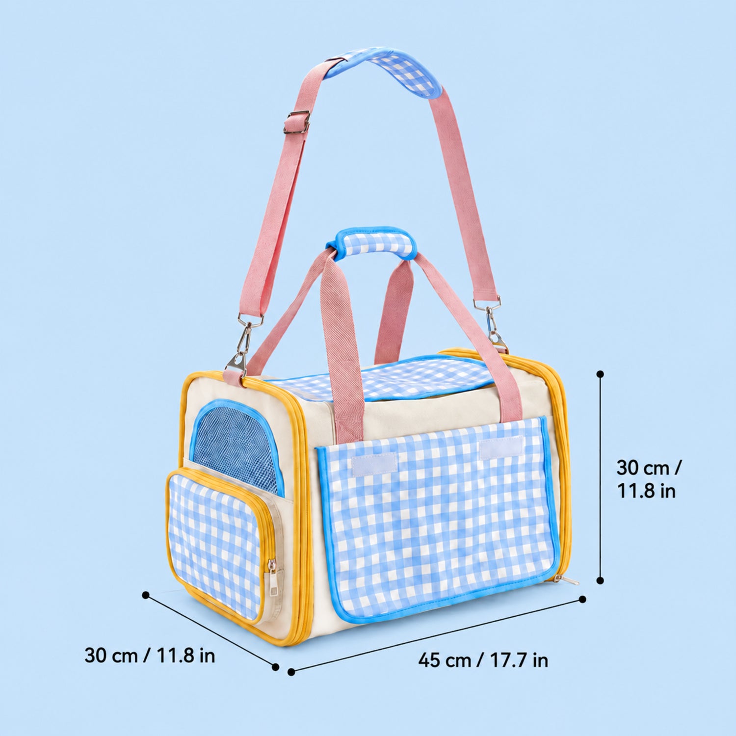 Gingham Cat Carrier Bag | Foldable Travel Carrier with Mesh Panels and Shoulder Strap