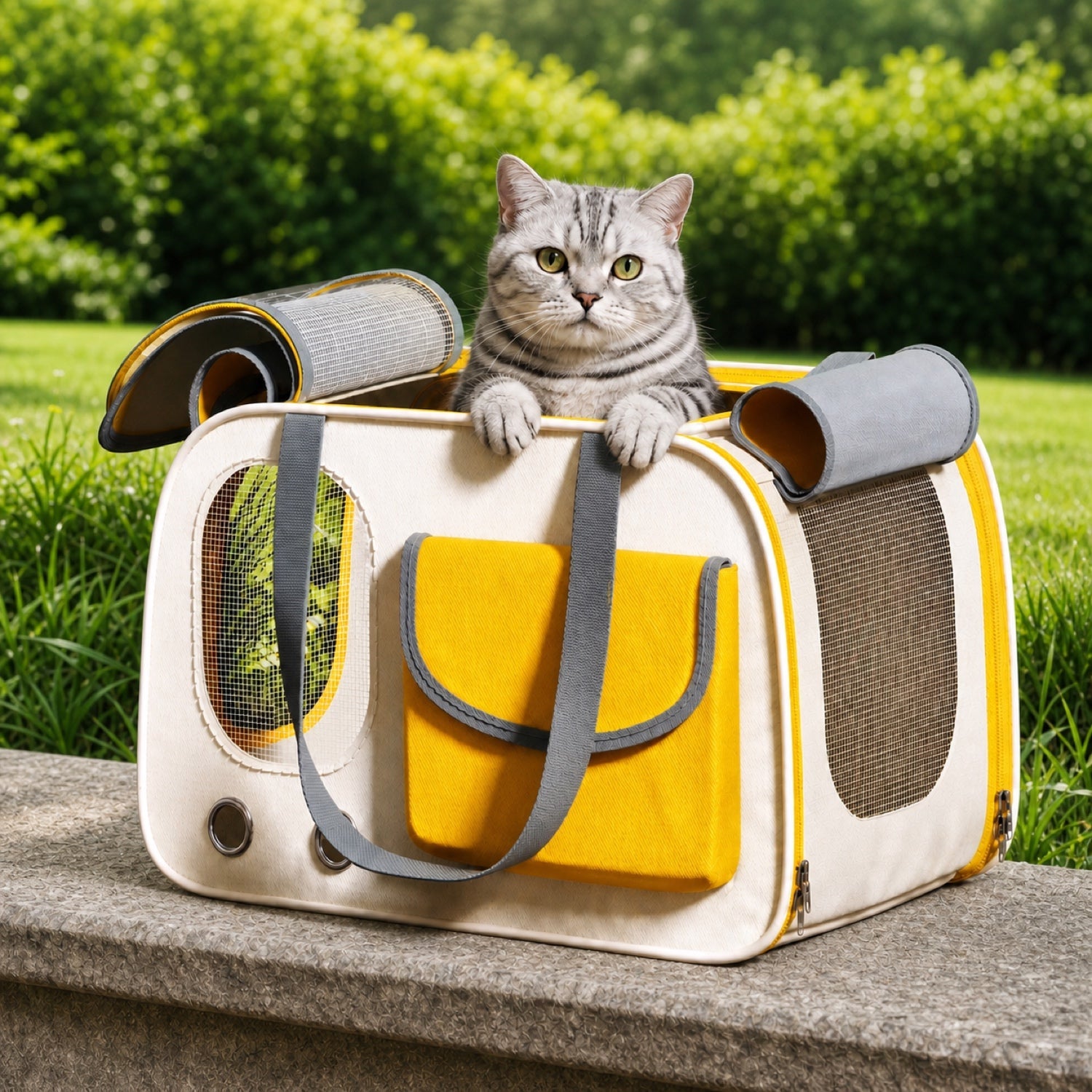 Silver tabby British Shorthair cat sitting inside a cream and yellow breathable pet carrier outdoors
