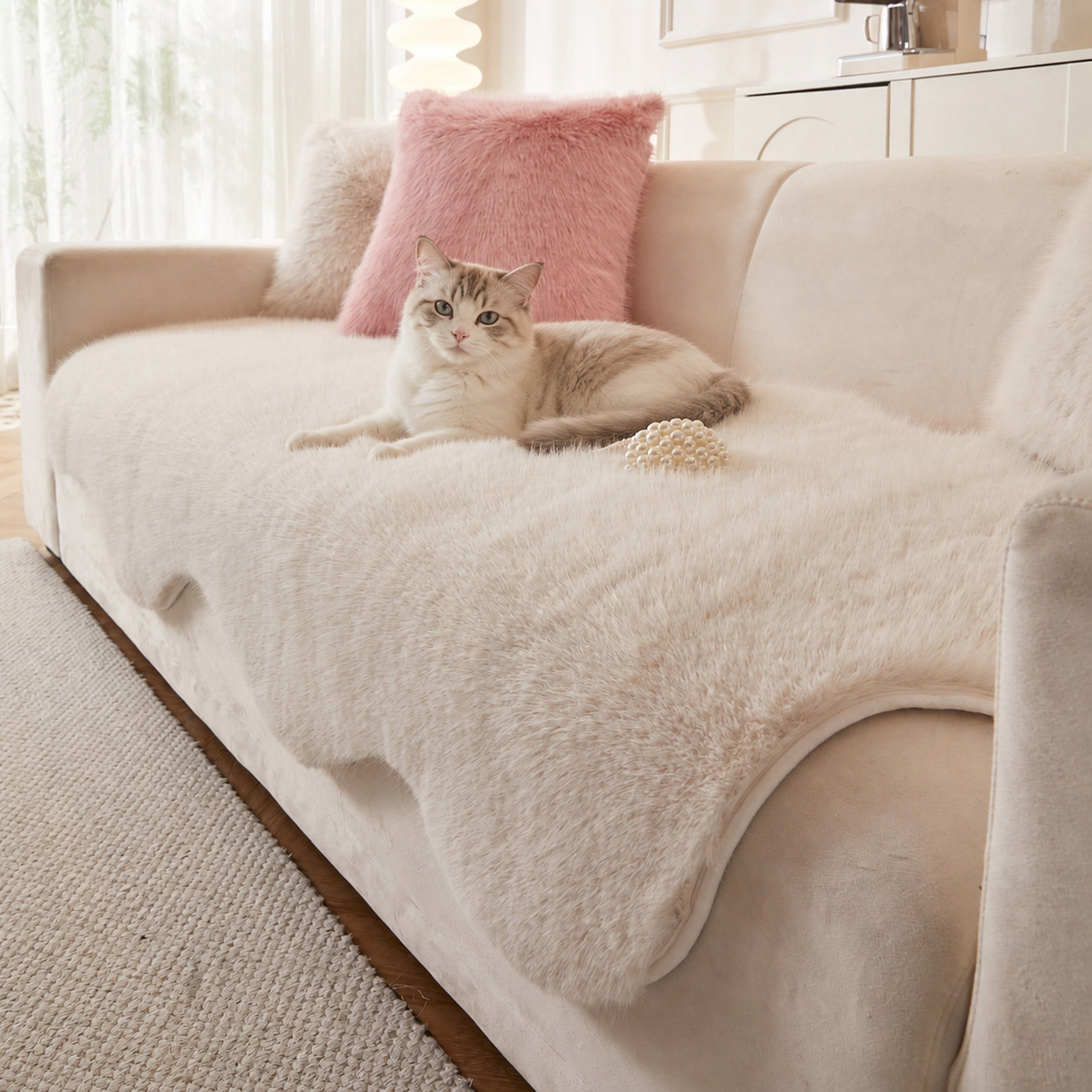 Scandinavian Plush Sofa Cover with cat on sofa