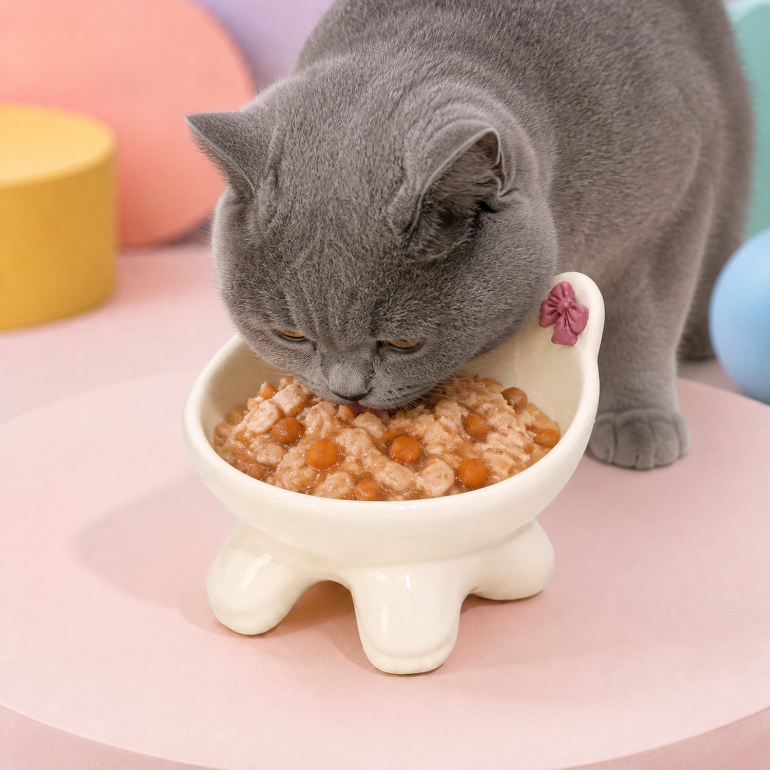 Bow Kitty Raised Ceramic Cat Bowl | 15° Tilted Easy-Clean Feeder