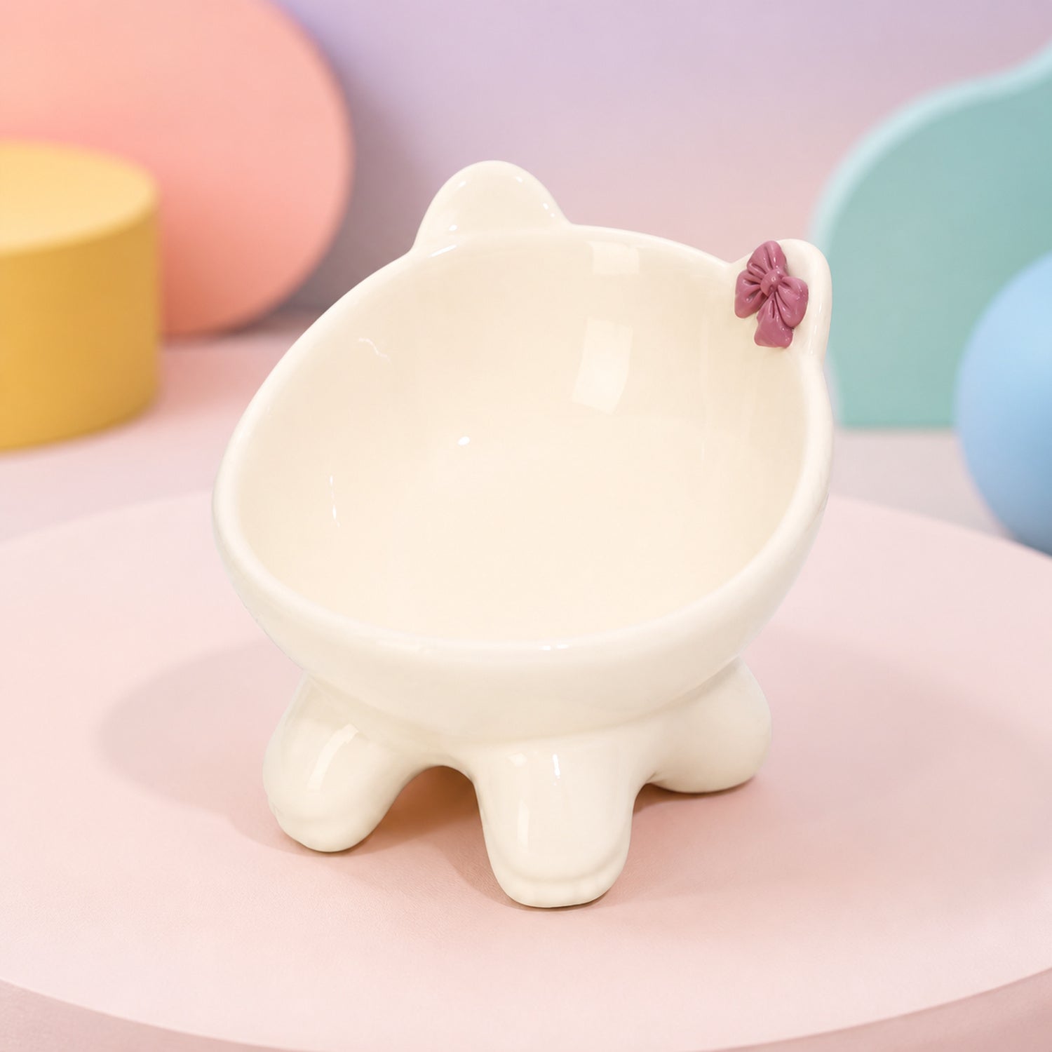 Bow Kitty Raised Ceramic Cat Bowl | 15° Tilted Easy-Clean Feeder