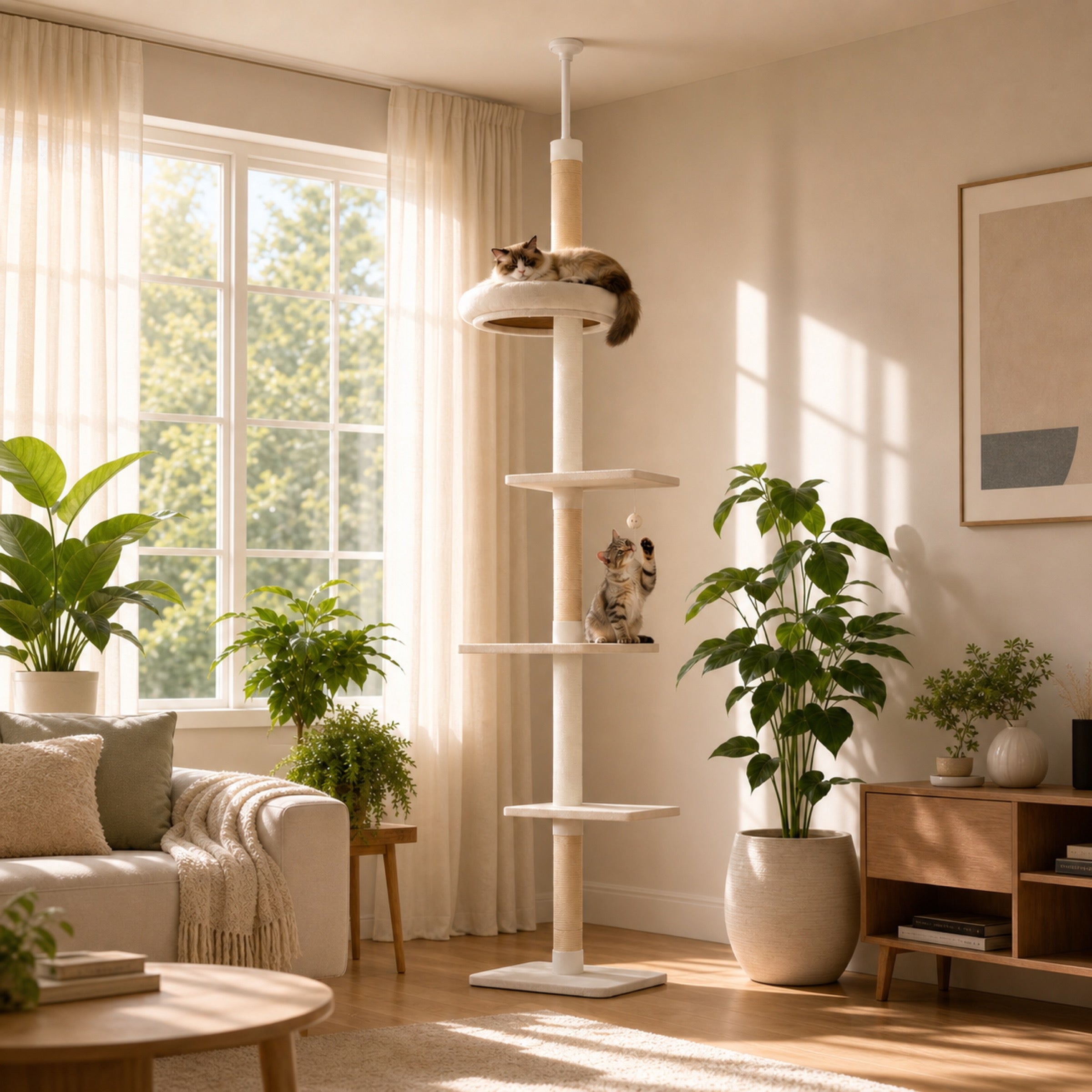 Floor-to-Ceiling Cat Tree in a sunlit modern living room with two cats