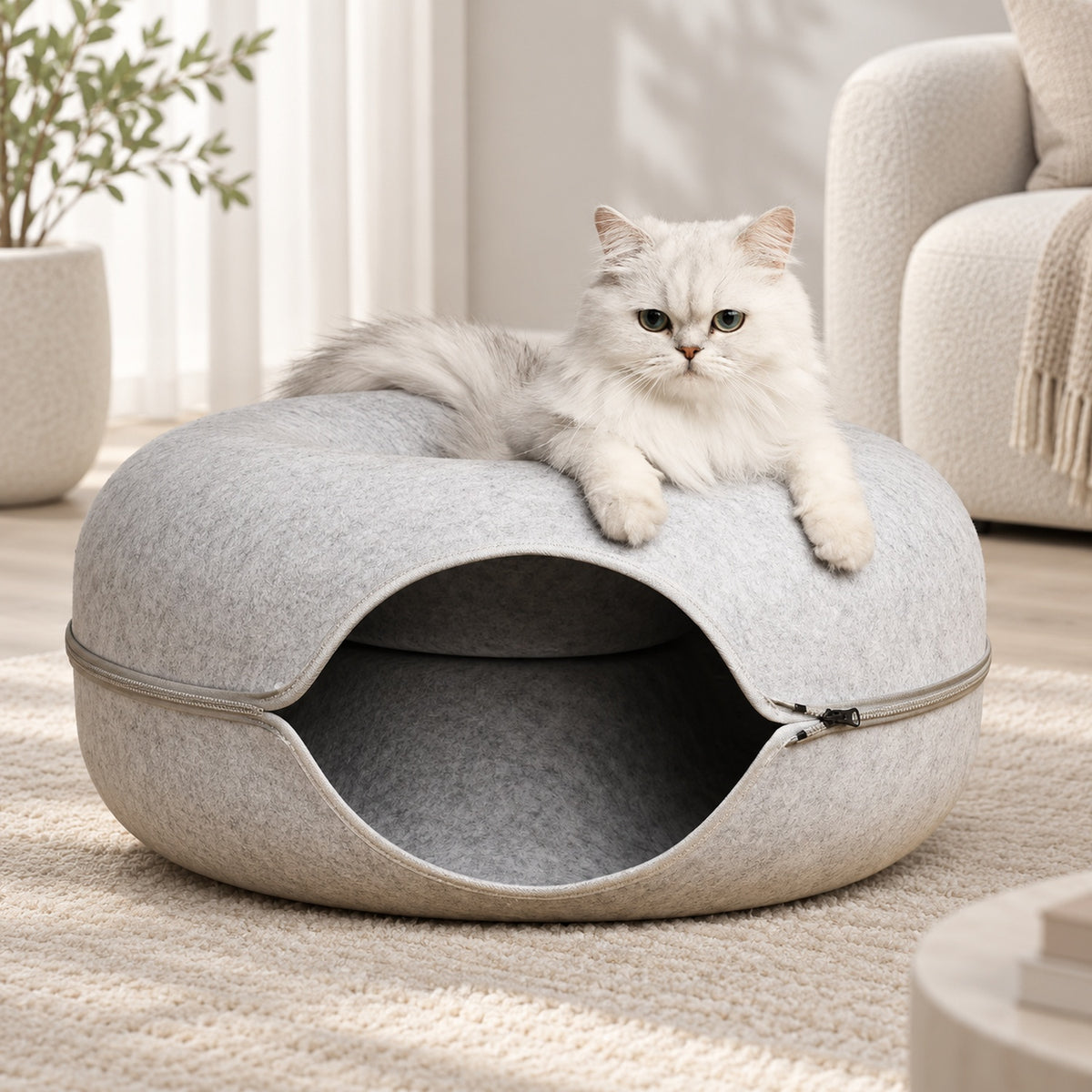 Donut Cat Bed | Felt Tunnel Hideaway with Removable Top