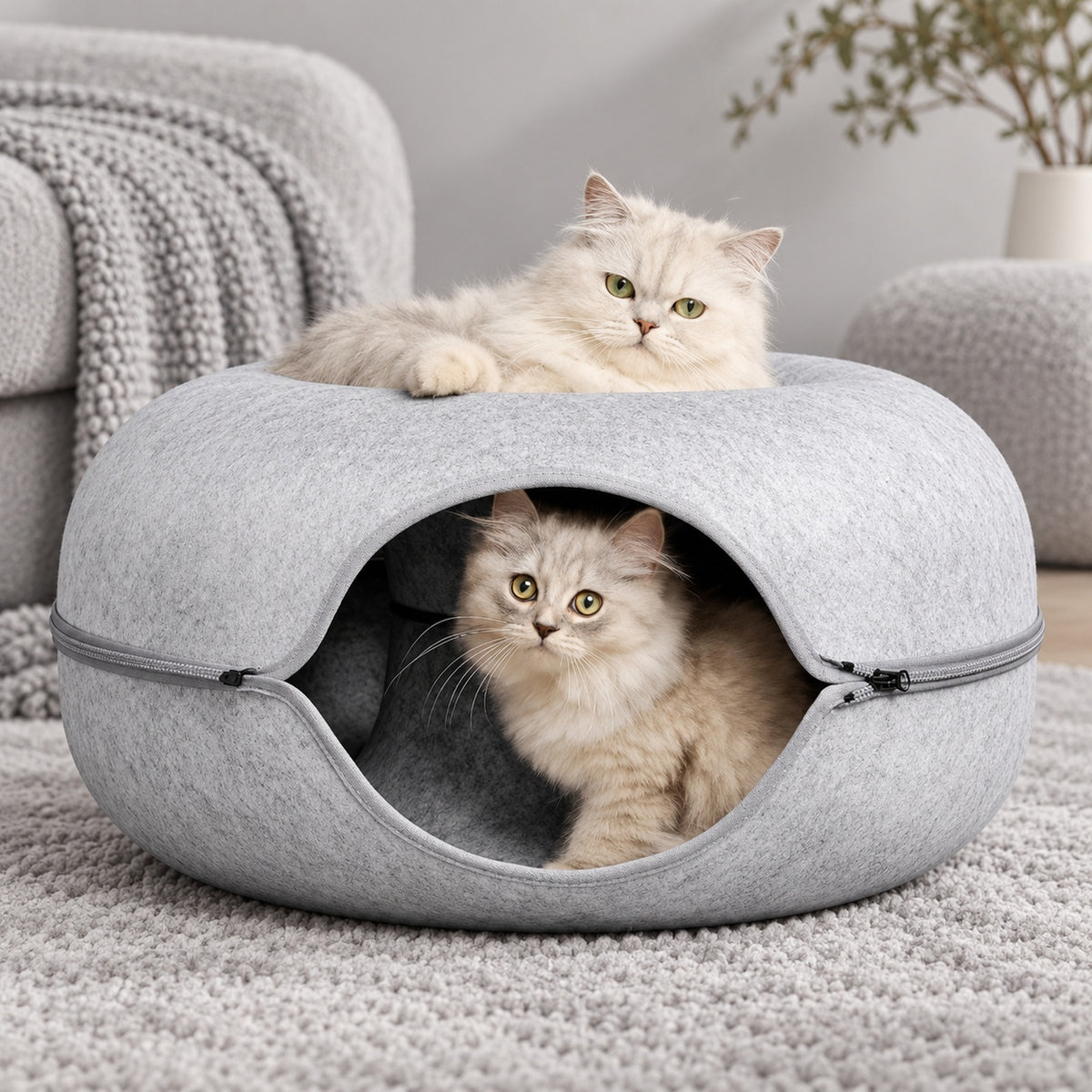 Donut Cat Bed | Felt Tunnel Hideaway with Removable Top
