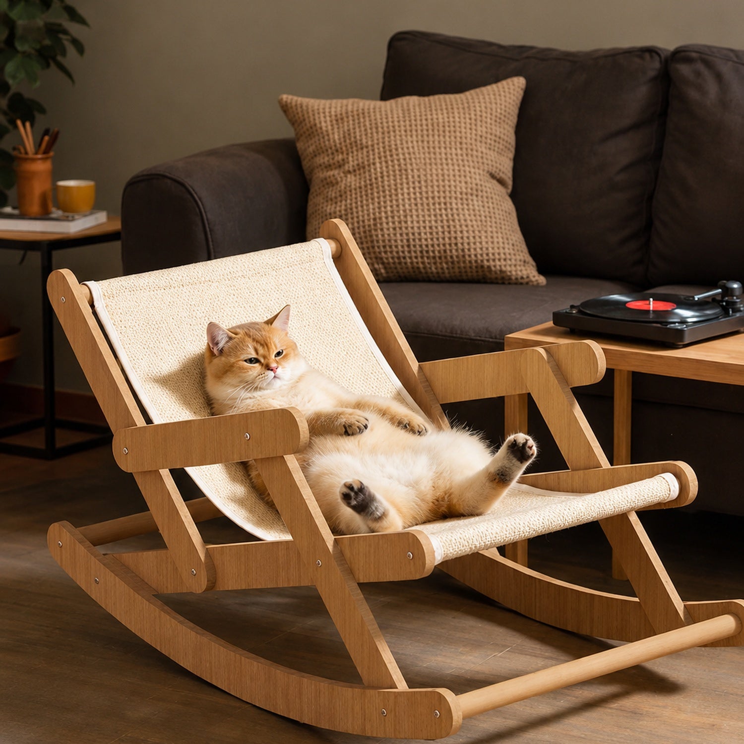 Cat Rocking Lounge Chair | Sturdy Wooden Frame | Curved Sisal Bed