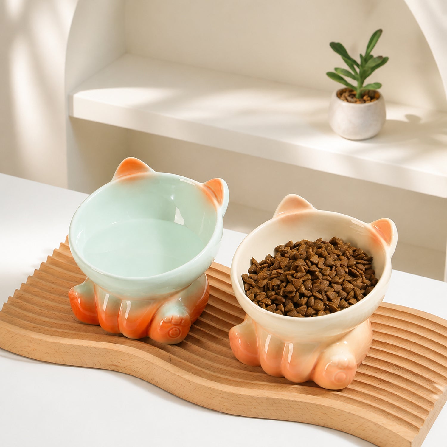 Raised Ceramic Cat Bowl | 15° Tilted Whisker-Friendly Feeder