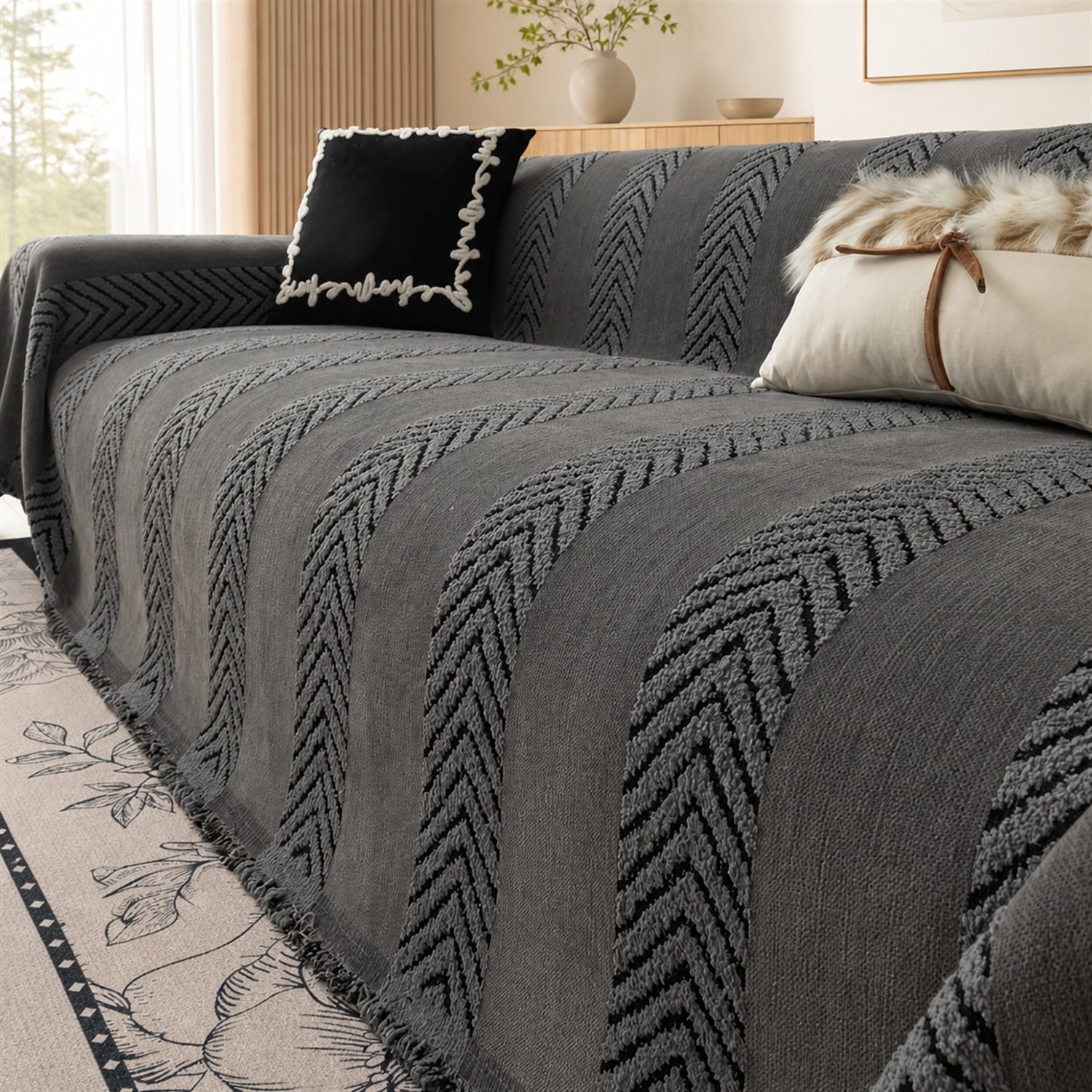Sofa Throw | Chenille Pet Proof Couch Blanket | Non-Slip Herringbone | Washable | Dog & Cat Friendly