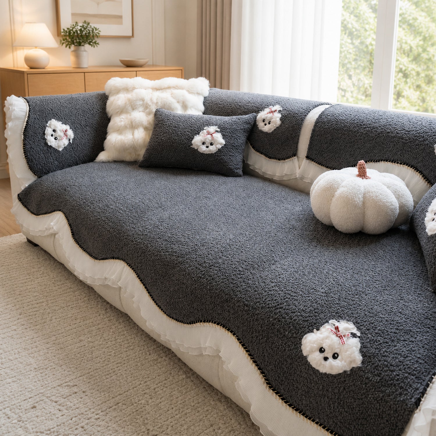 Little Puppy Ruffle Sofa Protector | Chenille | Non-Slip Washable Cover