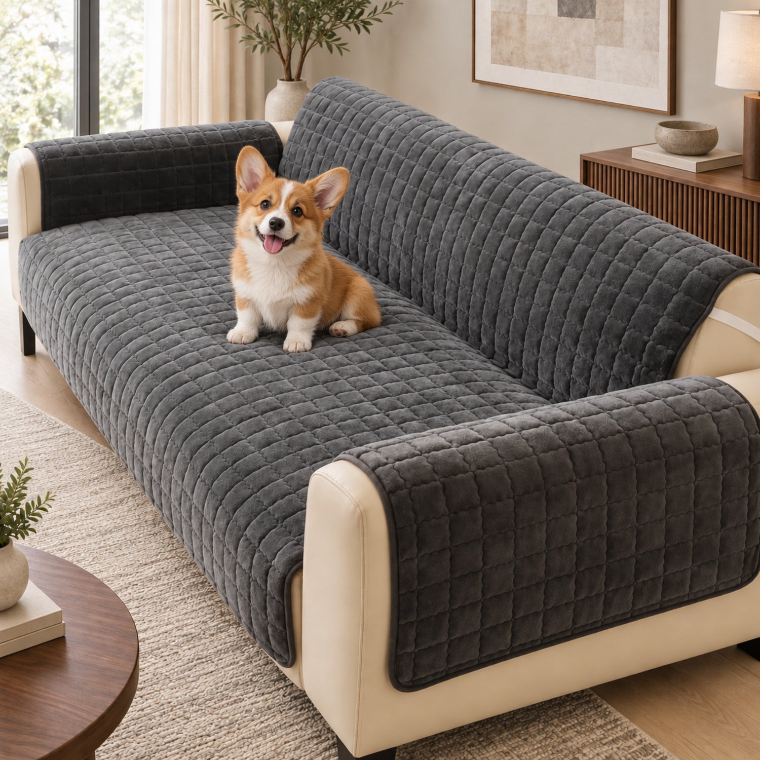 Short Plush Sofa Cover | One-Piece Non-Slip Washable Protector for Pet-Friendly Homes