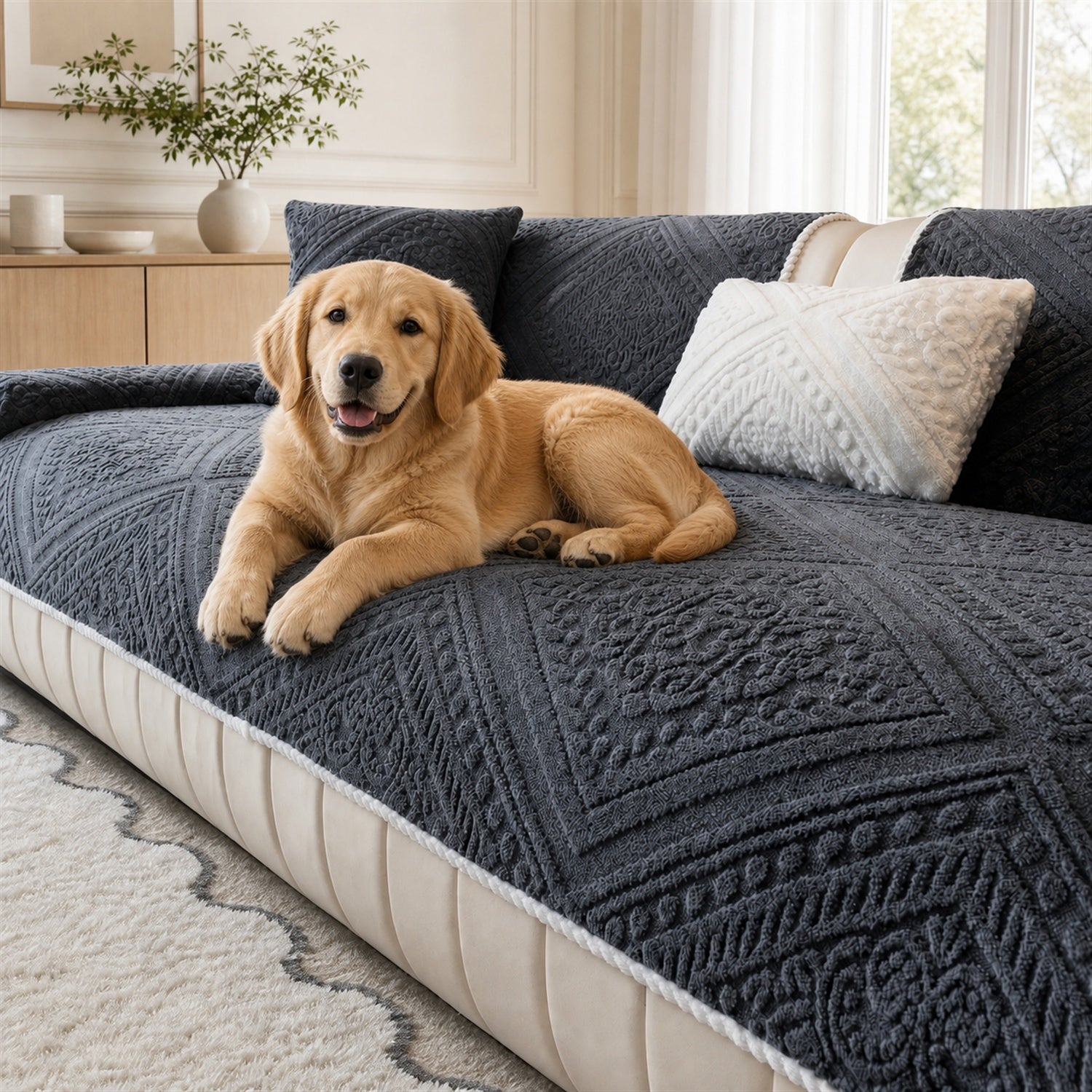 Nordic Carved Plush Sofa Protector | Non-Slip Washable Textured Cover