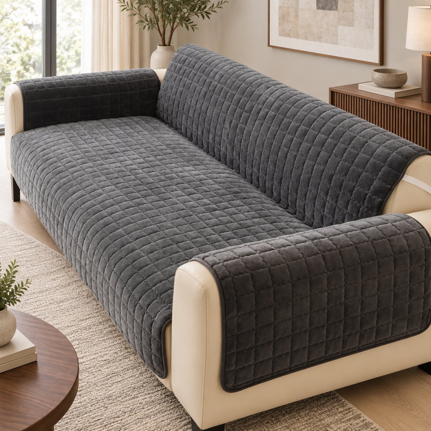 Short Plush Sofa Cover | One-Piece Non-Slip Washable Protector for Pet-Friendly Homes
