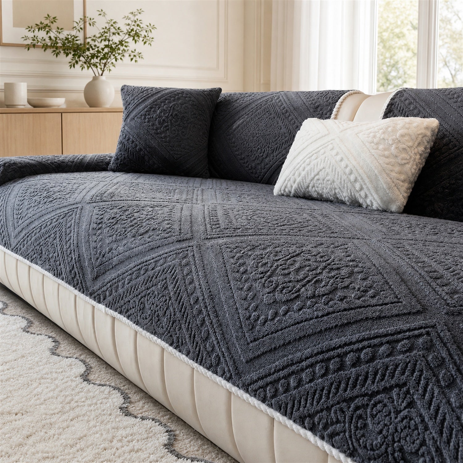 Nordic Carved Plush Sofa Protector | Non-Slip Washable Textured Cover