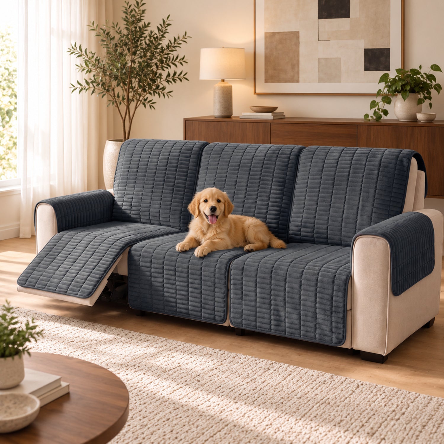 Flannel Recliner Sofa Cover | One-Piece Non-Slip Pet Protector with Elastic Straps