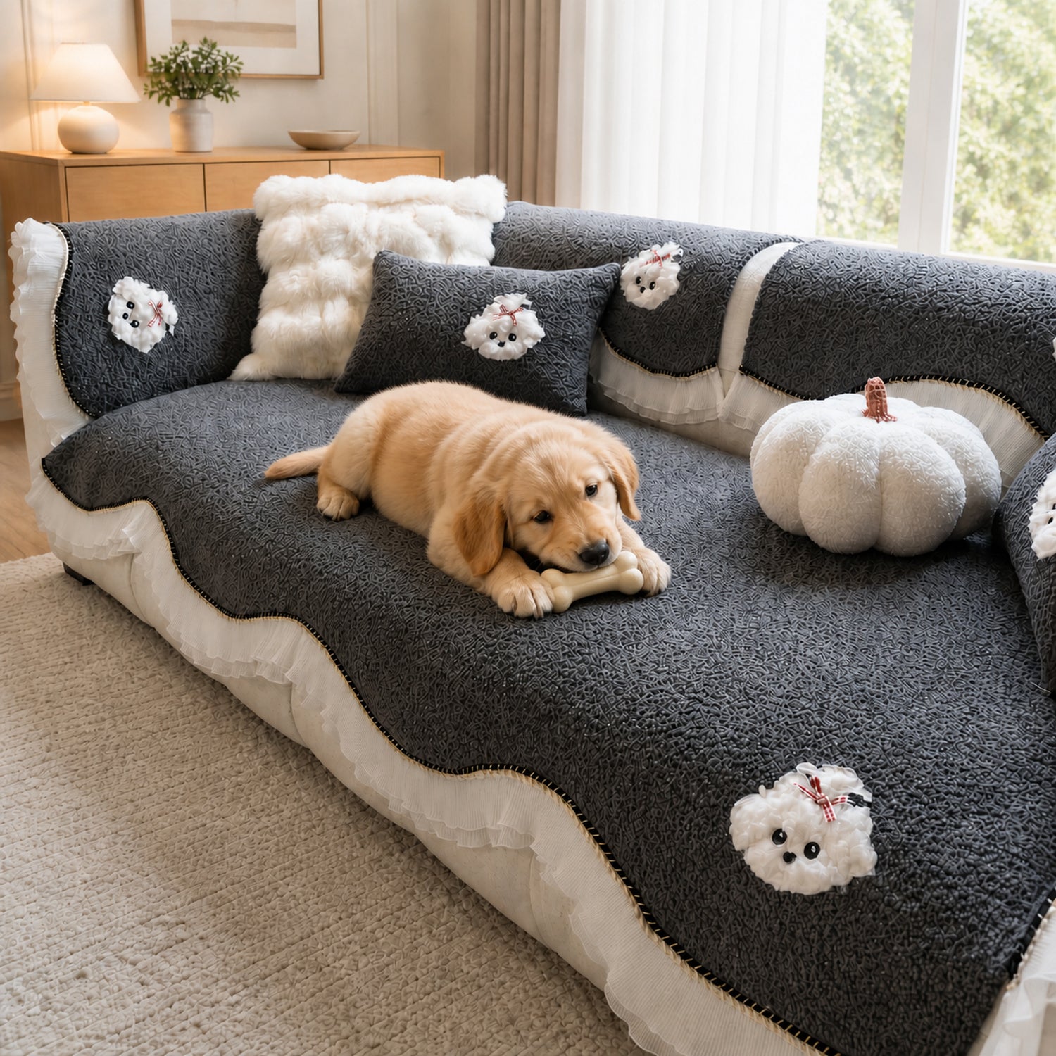 Little Puppy Ruffle Sofa Protector | Chenille | Non-Slip Washable Cover